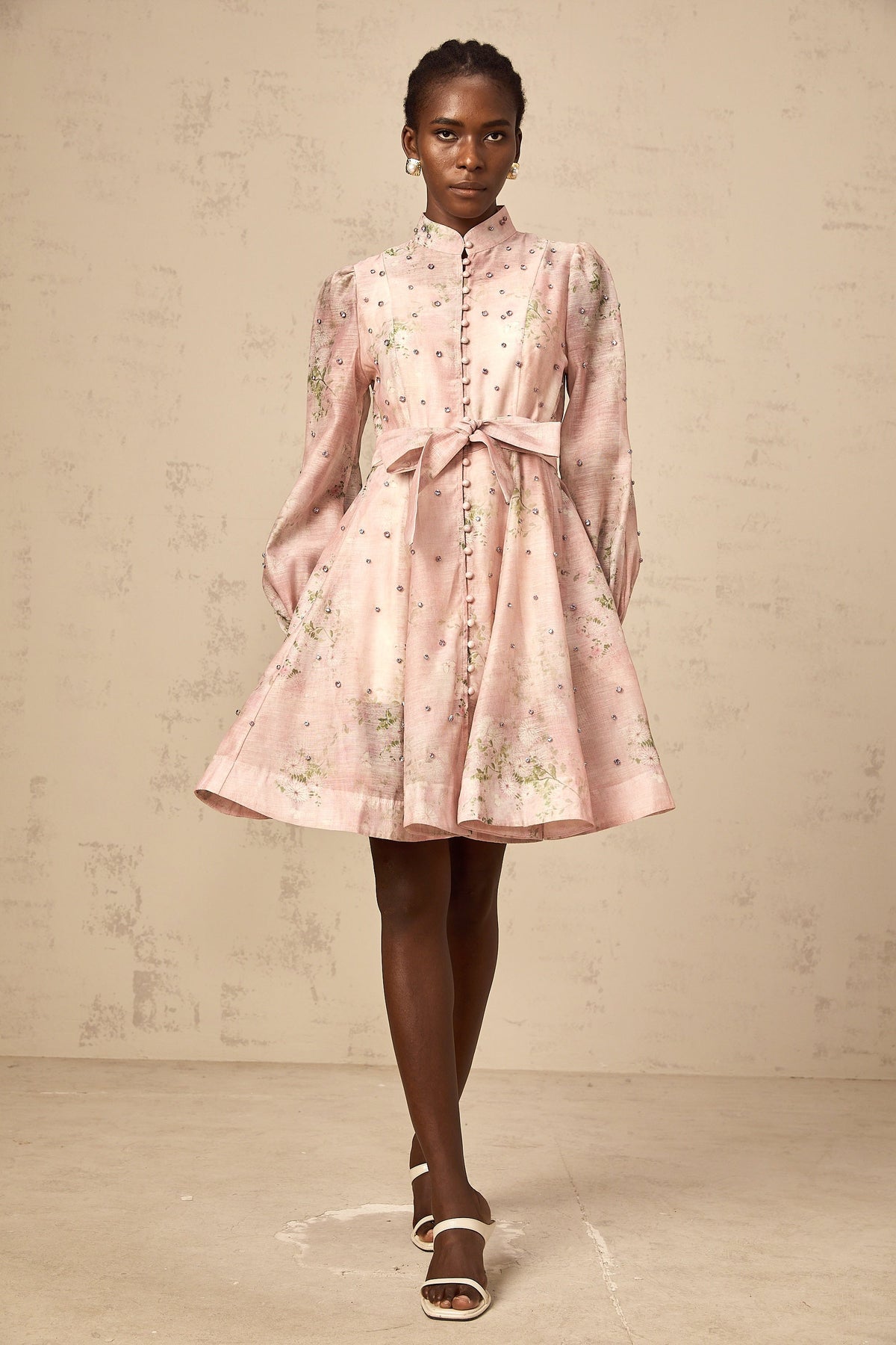 Narcisse pink embellished floral-print mini dress