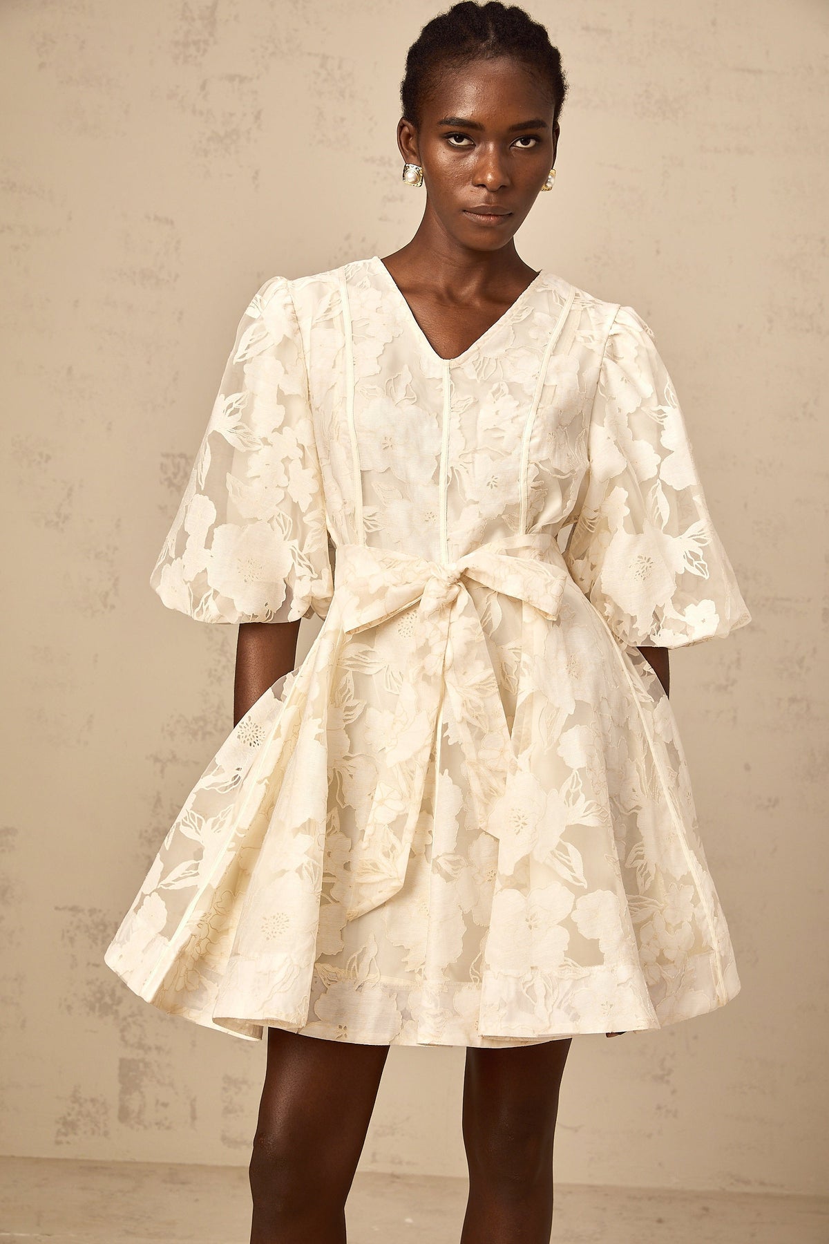 Osanne neutrals floral-jacquard flared mini dress