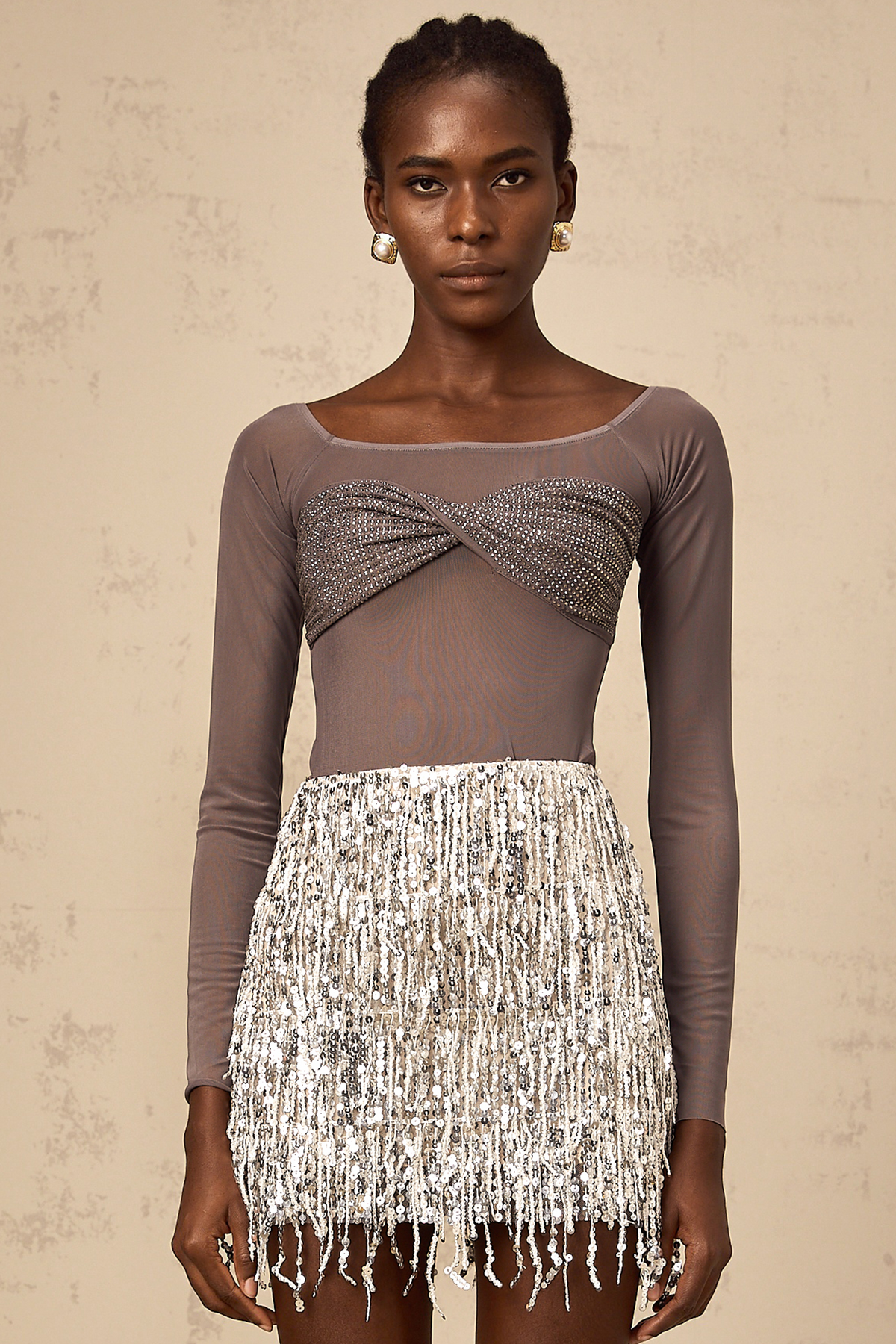 Félicie grey twist-detail embellished tulle top
