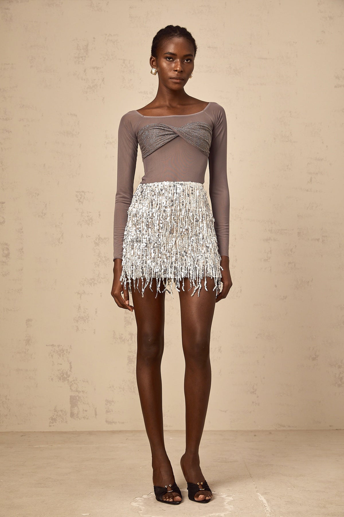 Sidonie silver sequined fringed mini skirt