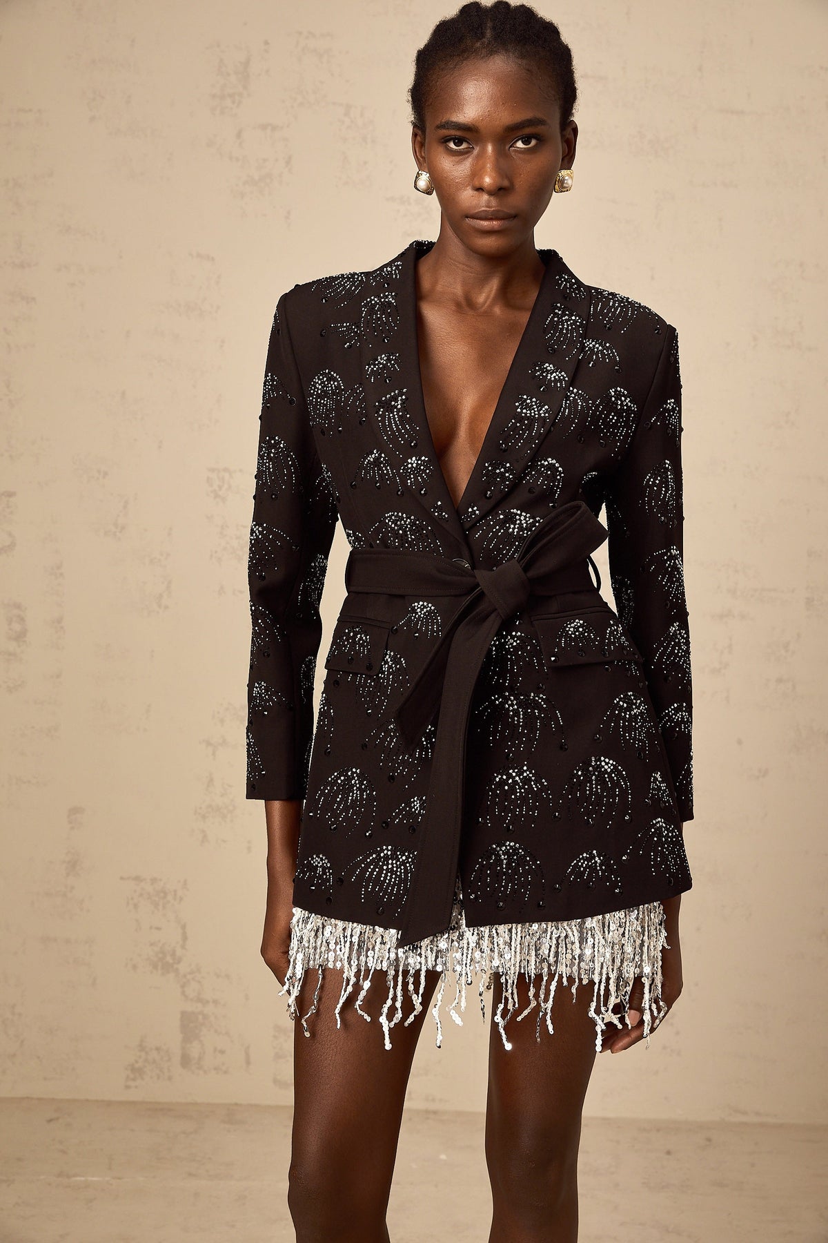 Cerise black rhinestone belted blazer