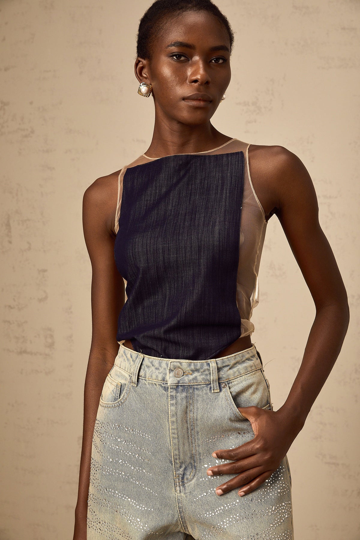 Sandrine blue denim semi-sheer bodysuit