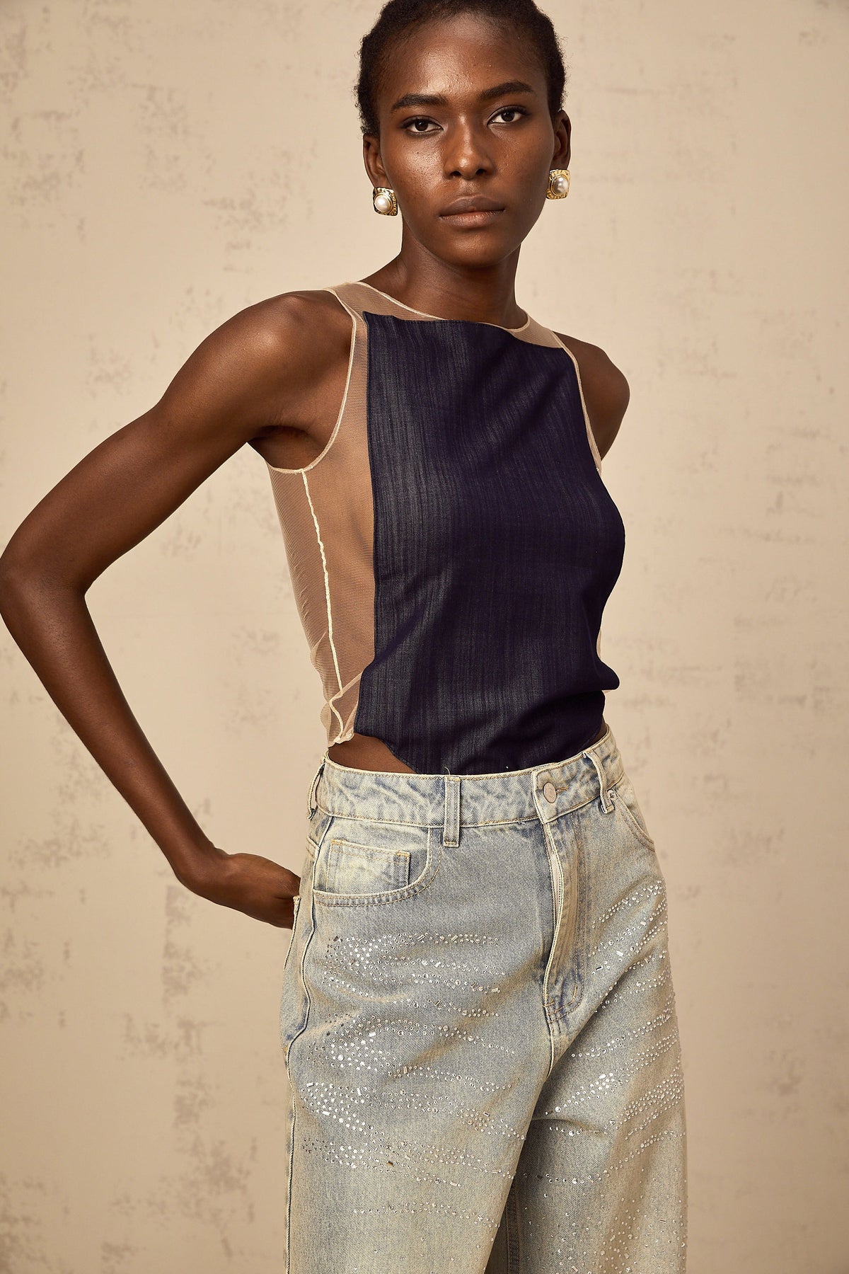 Sandrine blue denim semi-sheer bodysuit