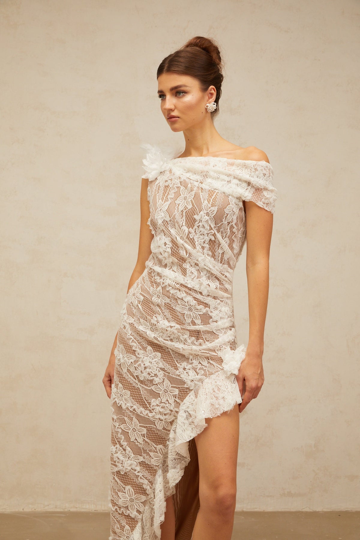 Suzanne white asymmetrical floral-lace midi dress
