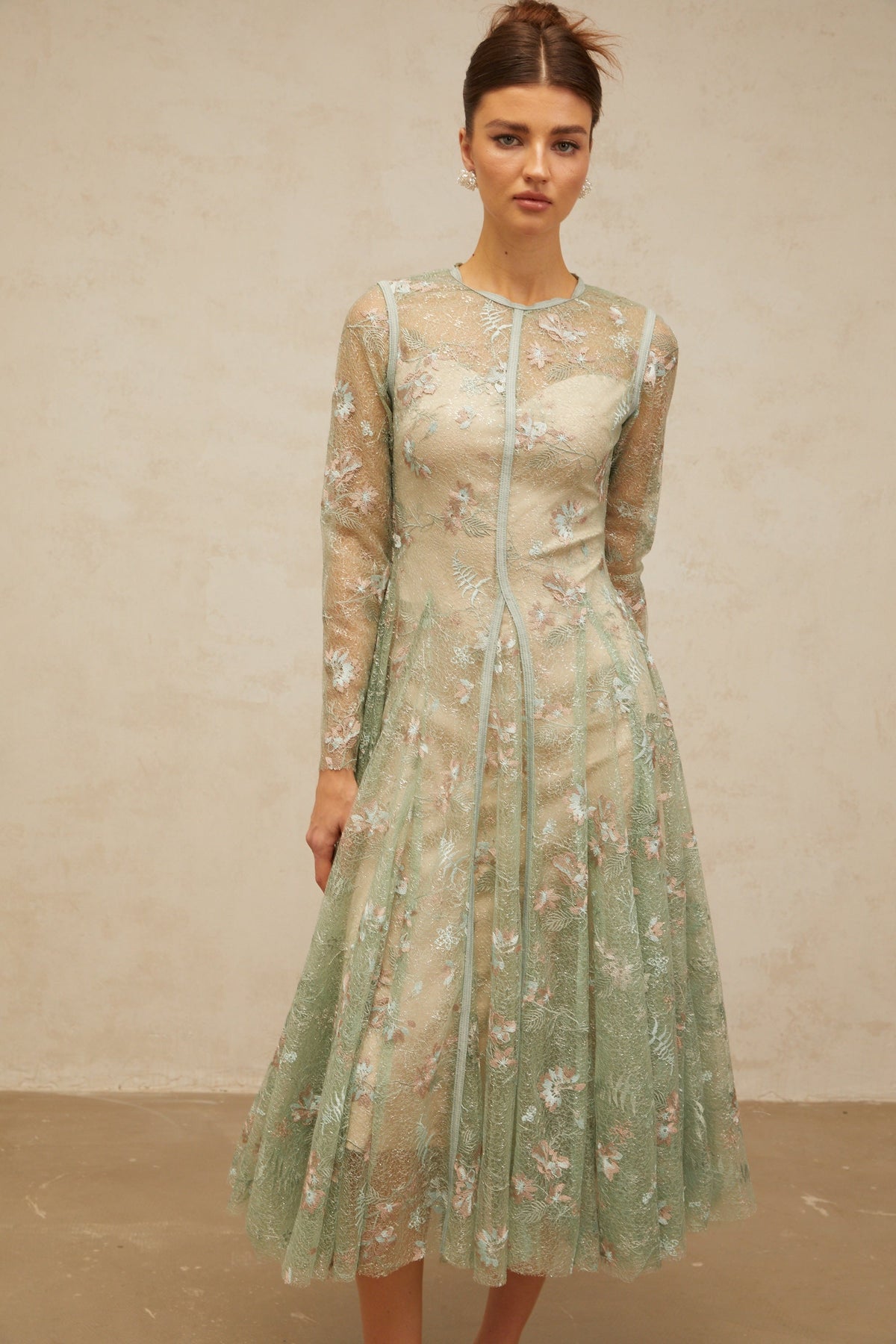 Philomène green flower-embroidered pleated midi dress