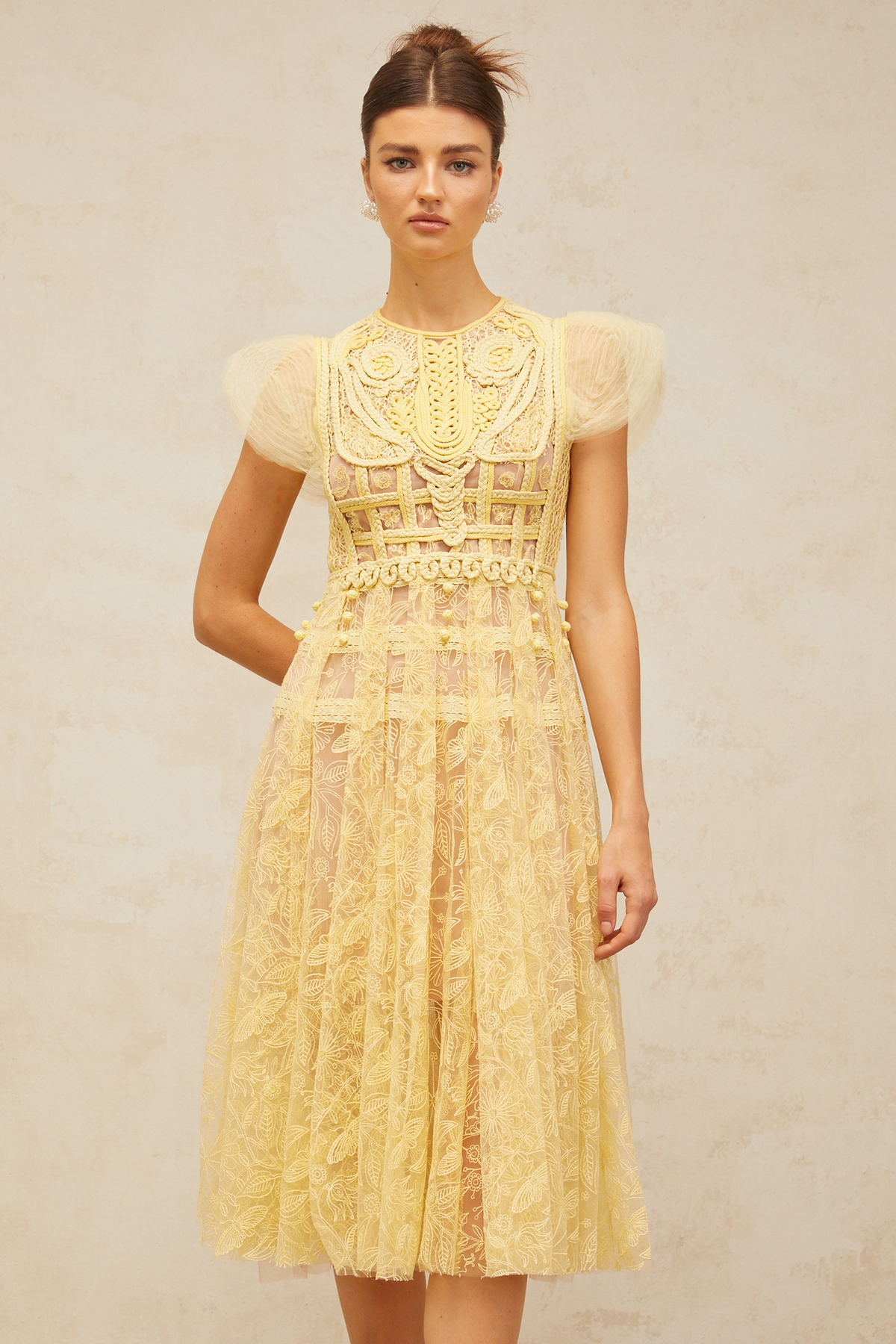 Véronique yellow embroidered-lace pleated midi dress (Final Sale-US Only)