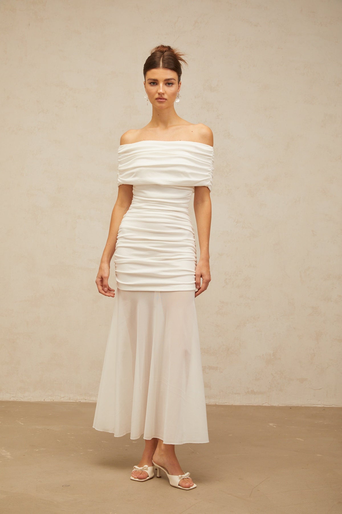 Calliopée white off-shoulder panelled midi dress