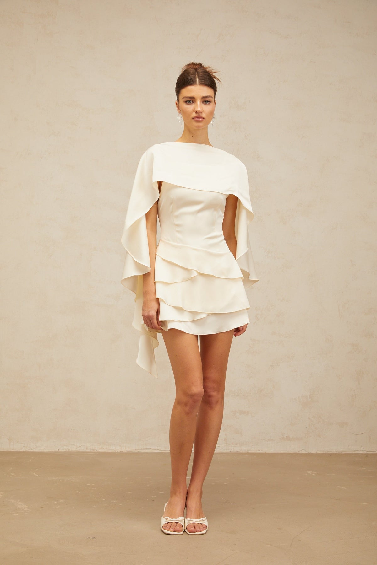 Lyna shawl-panel ruffled satin mini dress in White