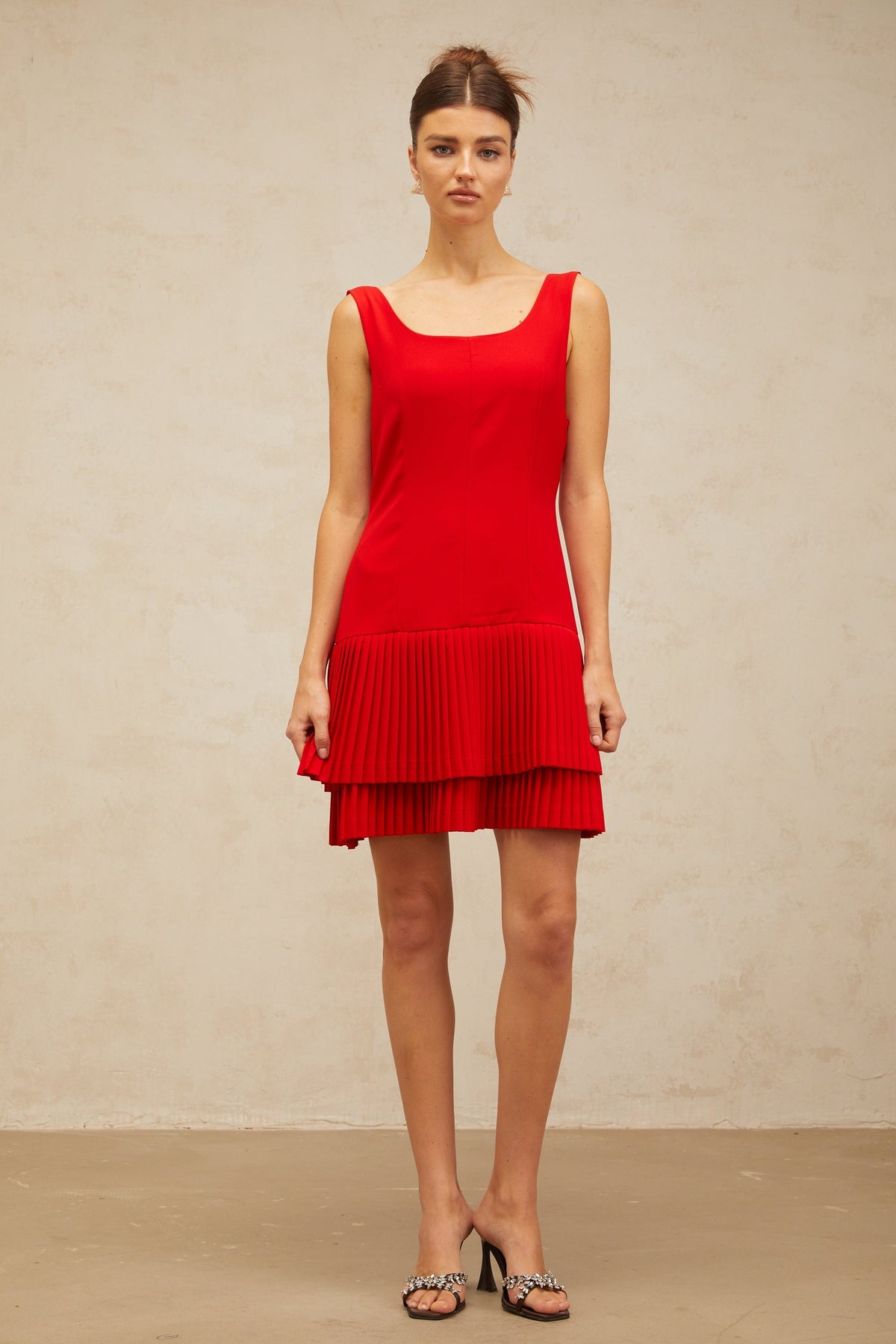 Natacha red pleated layered mini dress