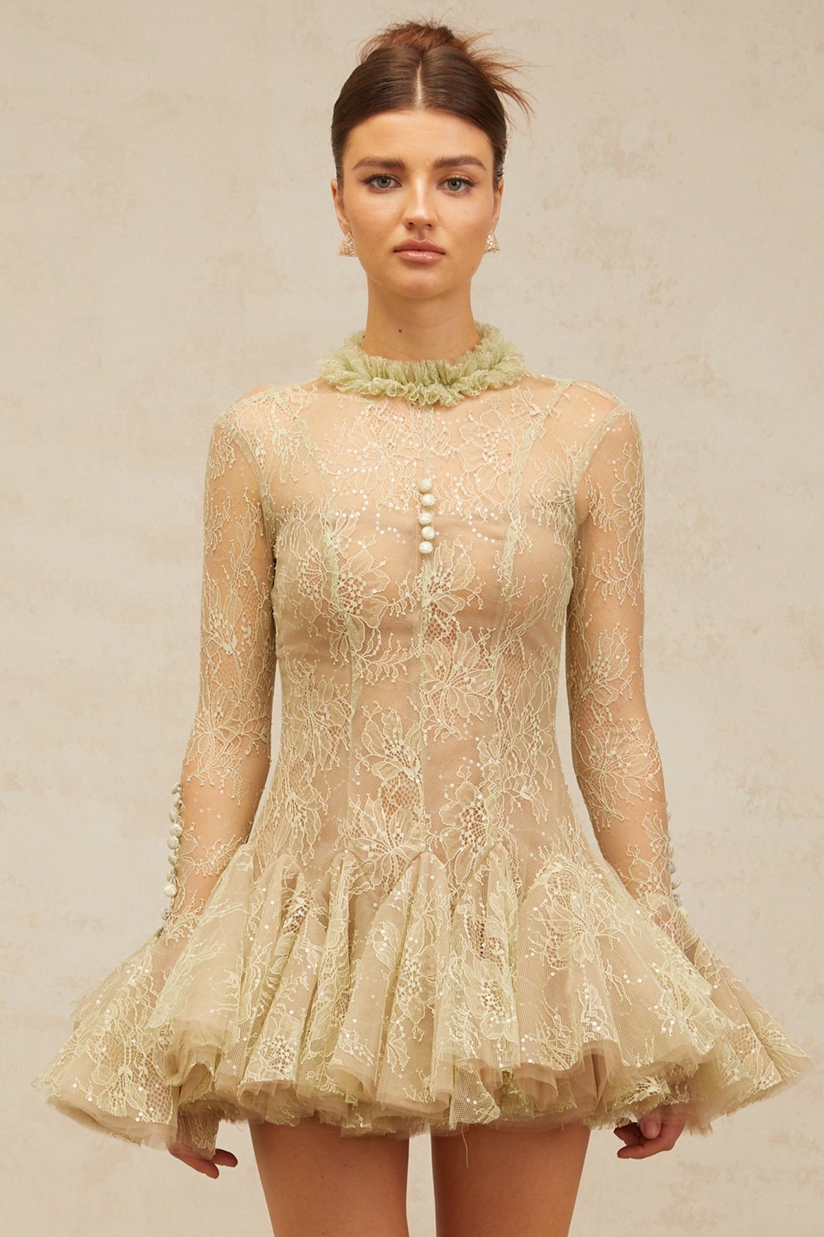 Mélodie green embroidered flared mini dress