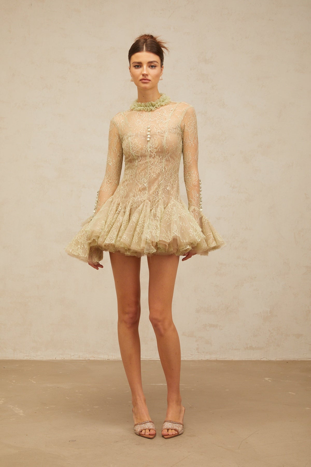 Mélodie green embroidered flared mini dress