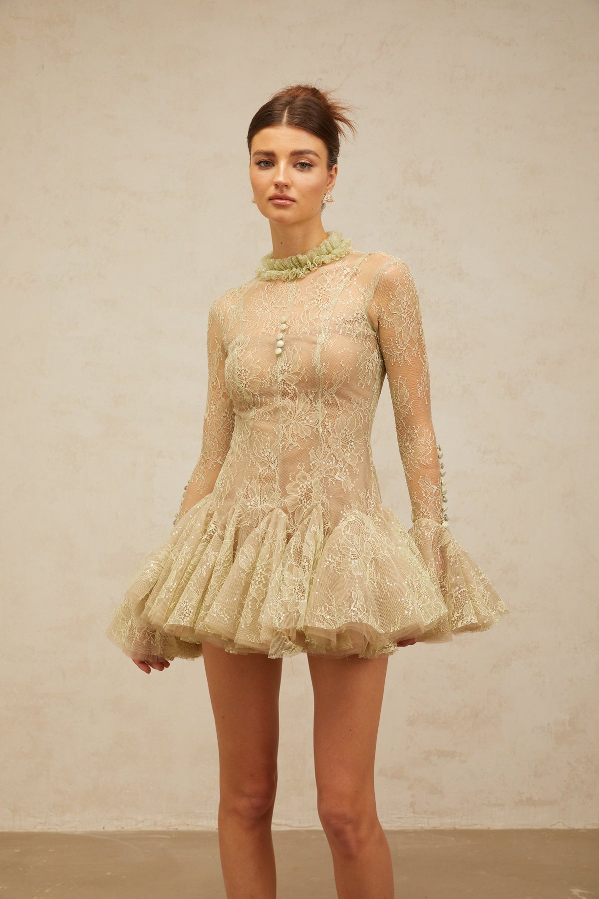 Mélodie green embroidered flared mini dress
