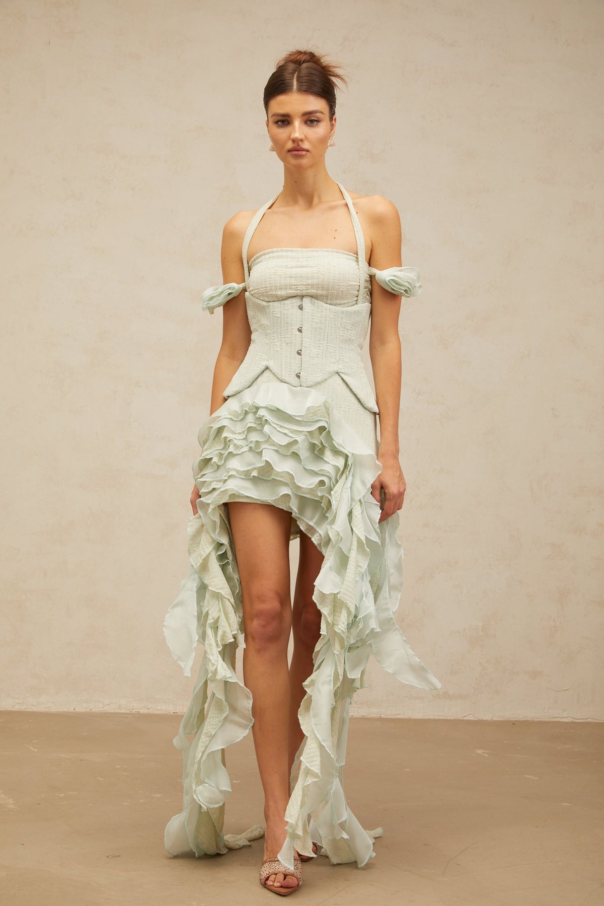 Patricia green floral-appliqué asymmetrical ruffled mini dress