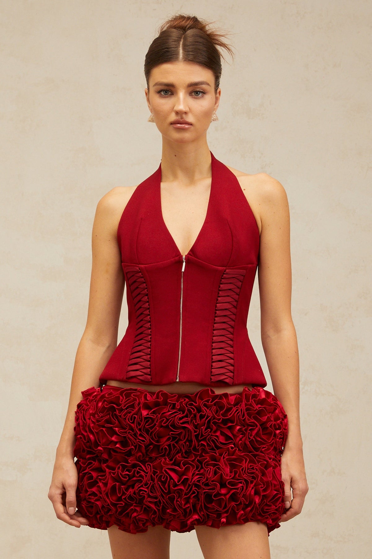 Paloma red halterneck lace-up top (Final Sale)