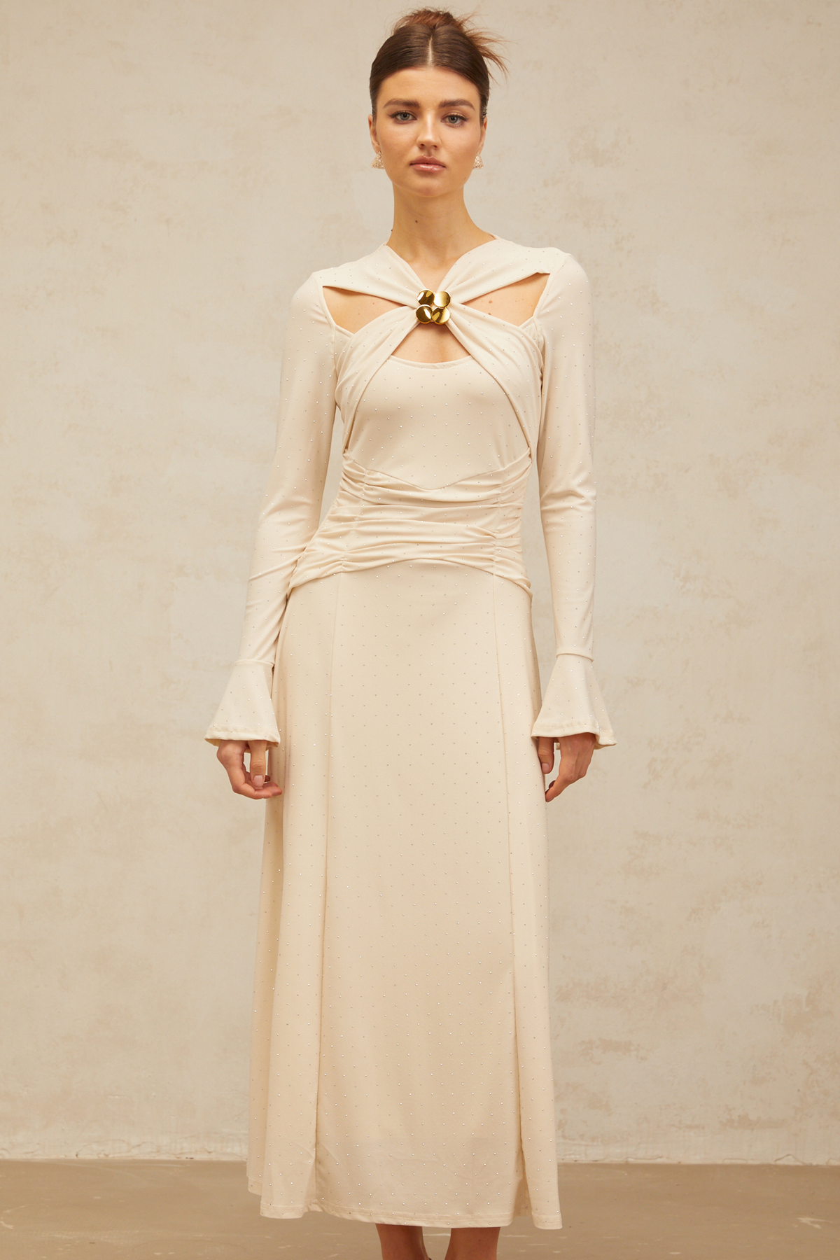 Capucine neutrals cross-over embellished midi dress