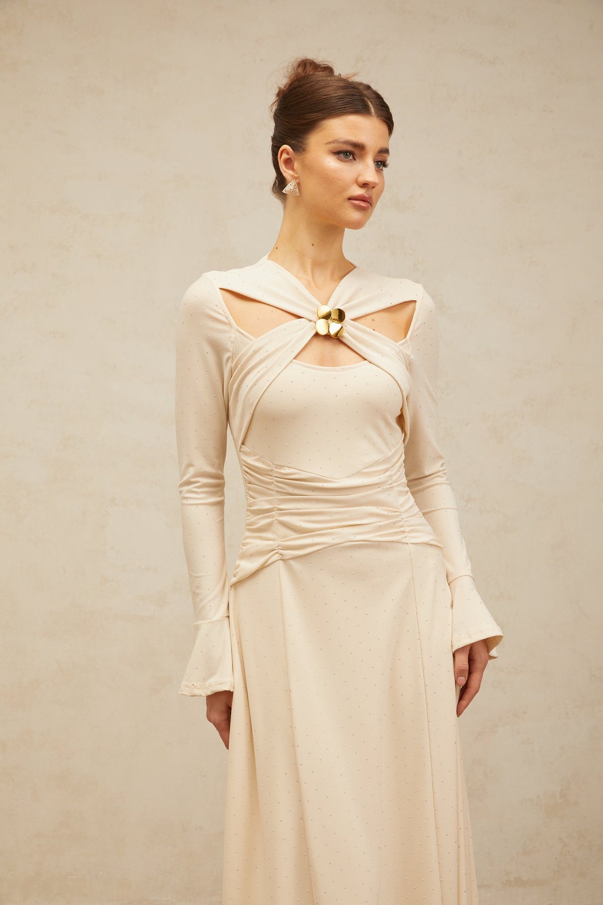 Capucine neutrals cross-over embellished midi dress