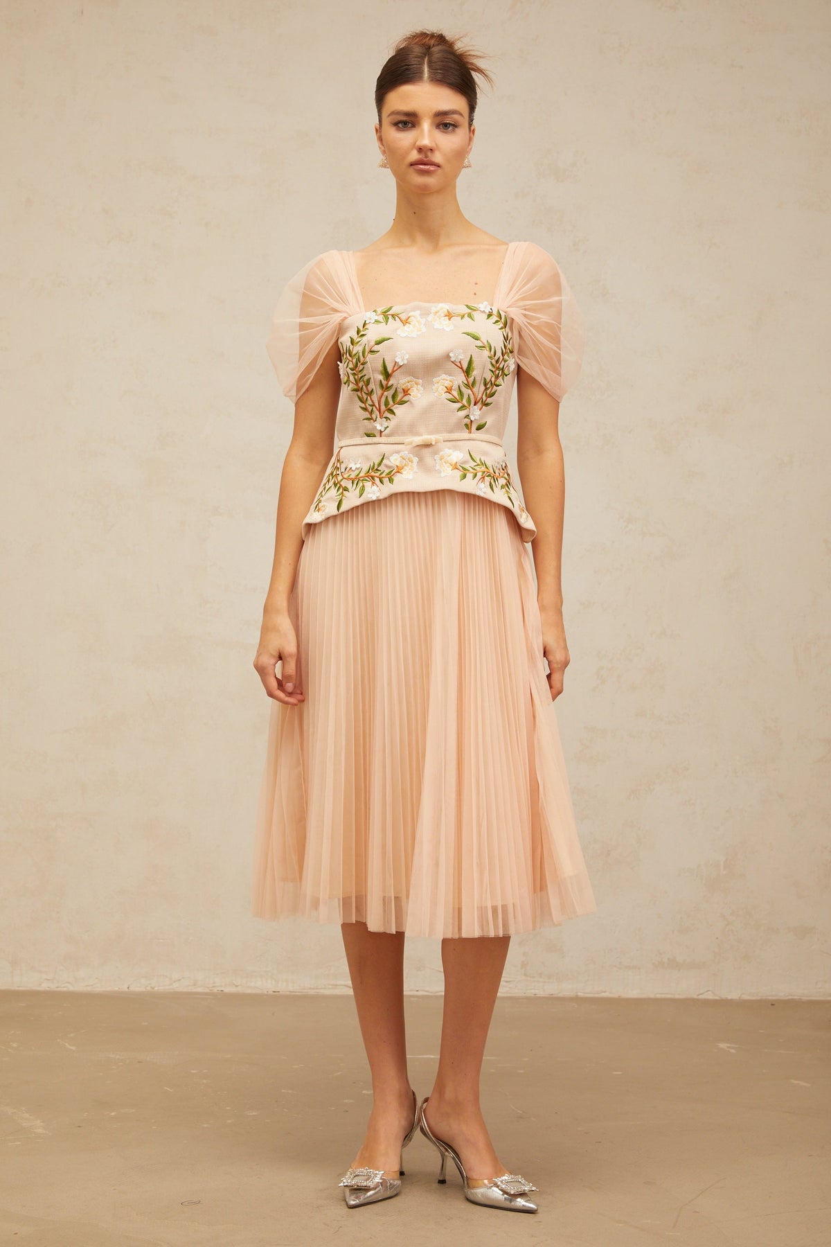Anaëlle pink-beige flower-embroidered tulle midi dress