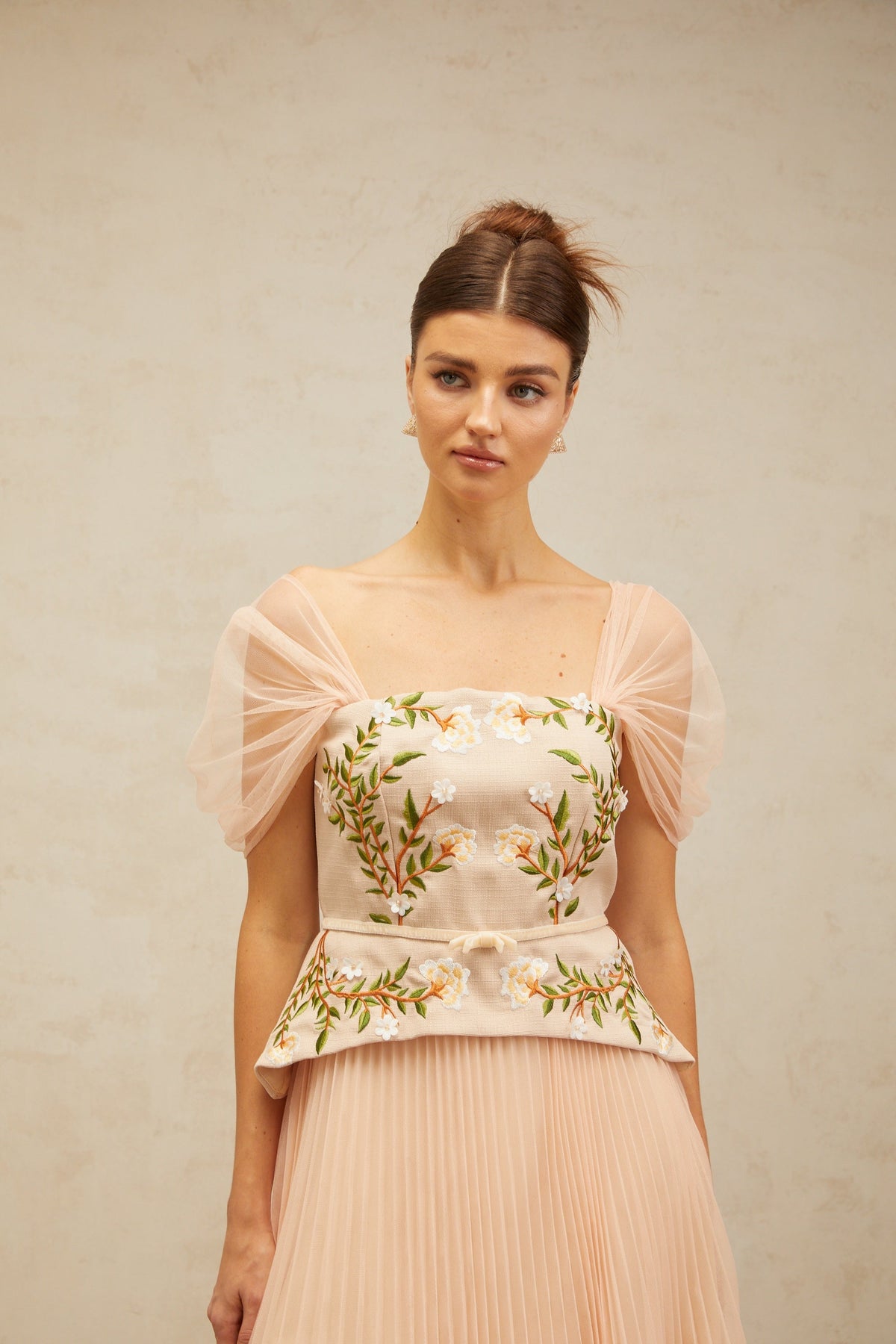 Anaëlle pink-beige flower-embroidered tulle midi dress