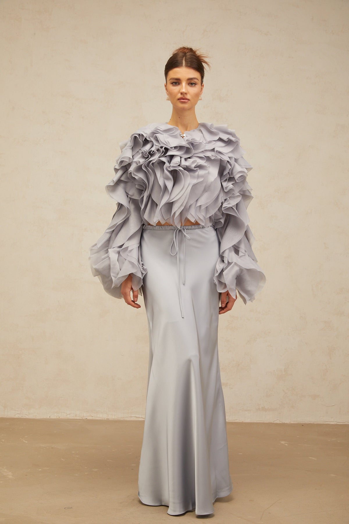 Zelda haze-blue bowknot ruffled blouse & skirt matching set
