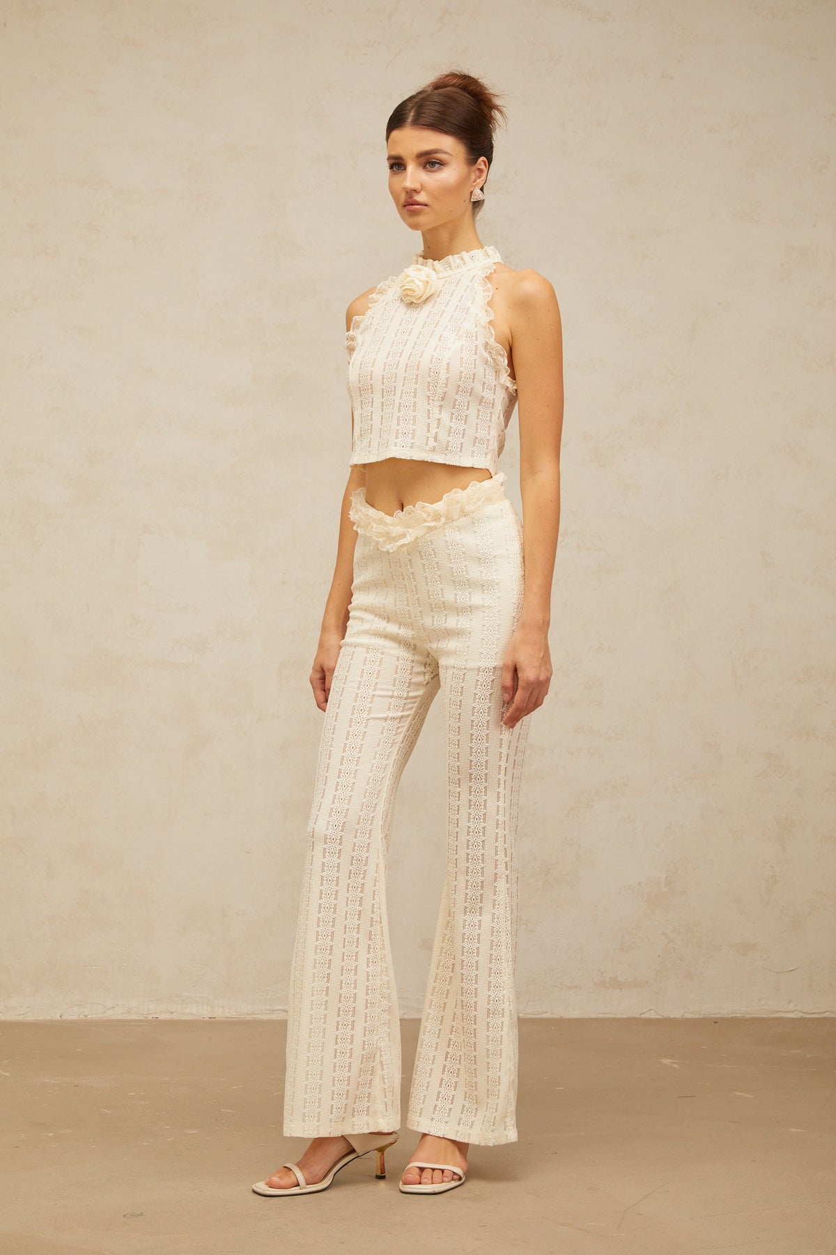 Magali cream-white ruffled-lace-trim jacquard top & trousers matching set