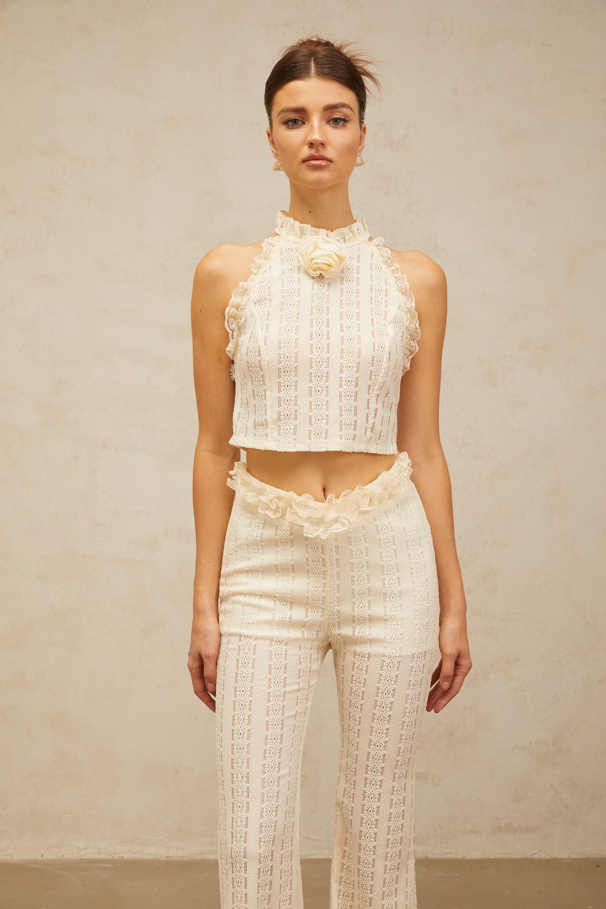 Magali cream-white ruffled-lace-trim jacquard top & trousers matching set