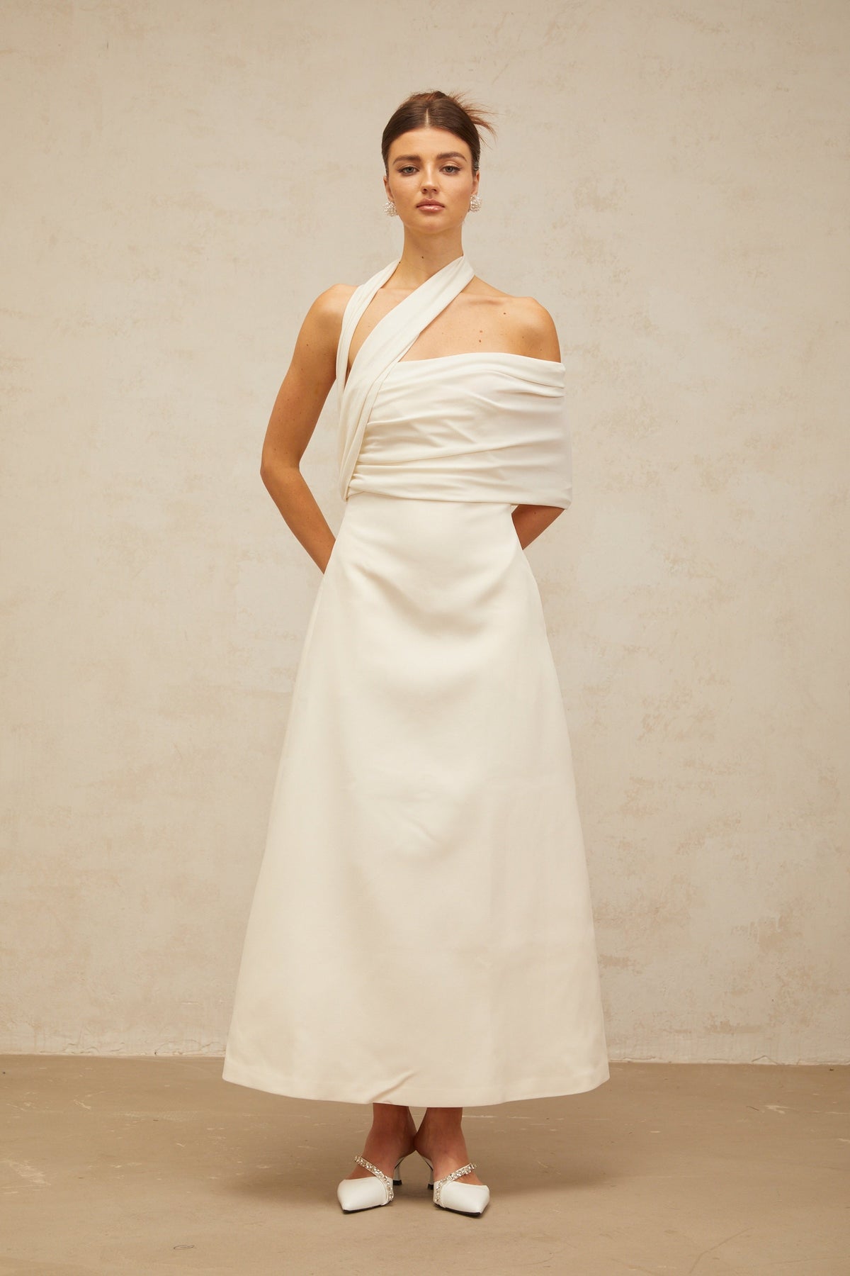 Solène cream-white asymmetrical midi dress (Final Sale-US Only)