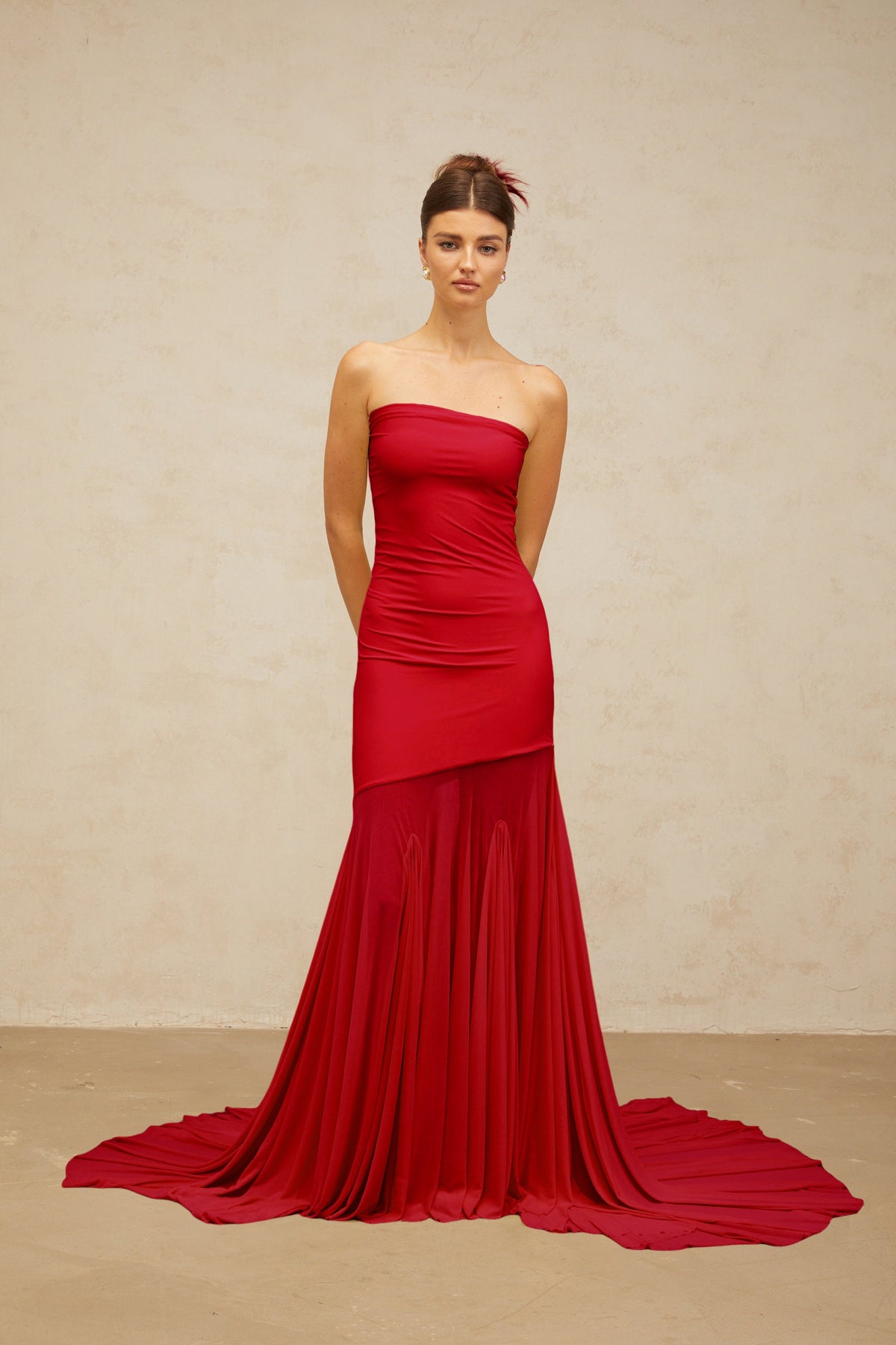 Josiane red off-shoulder sheer tulle maxi dress