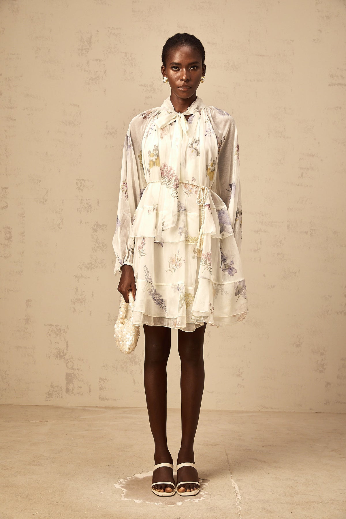 Albane white floral-print tiered chiffon mini dress