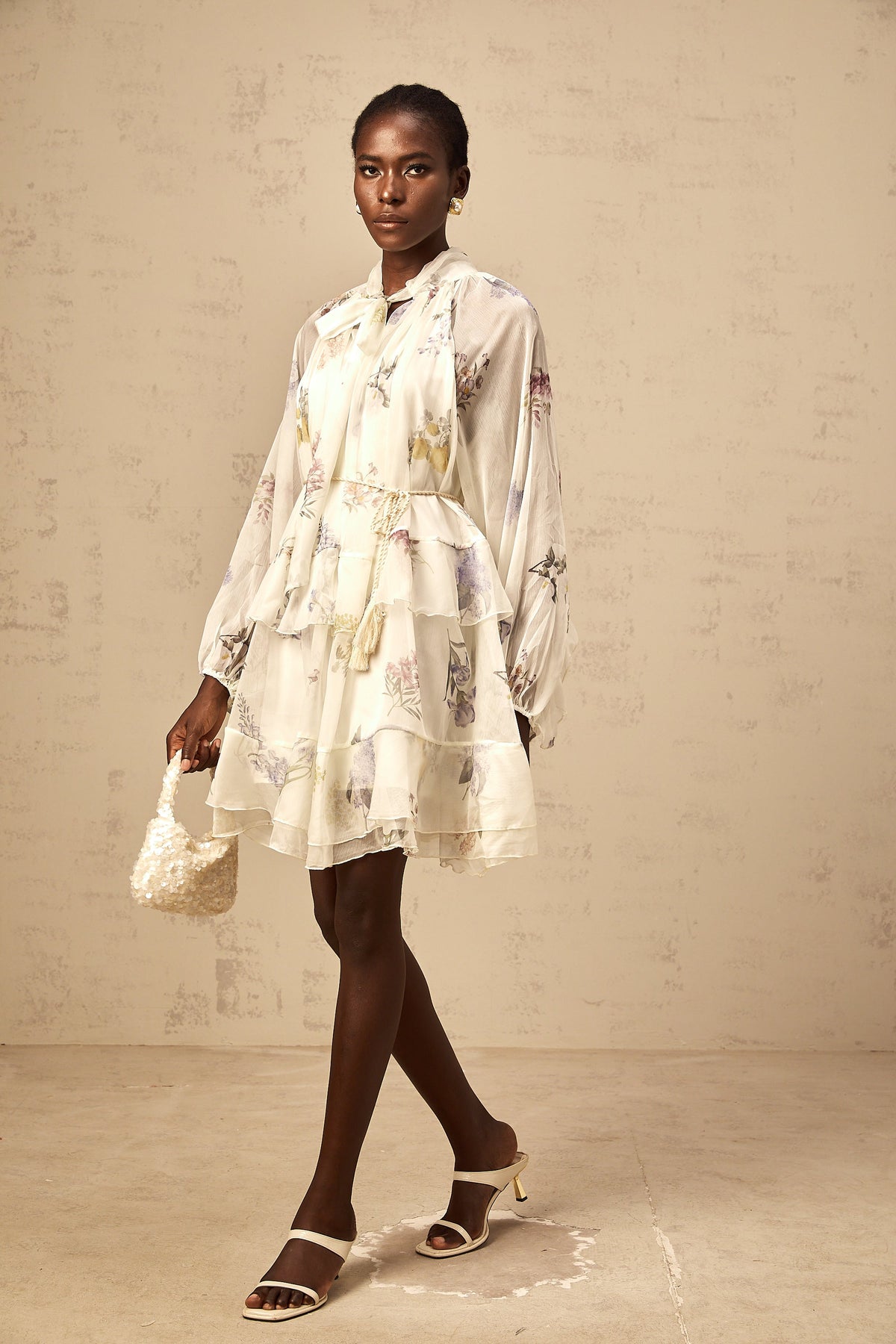 Albane white floral-print tiered chiffon mini dress
