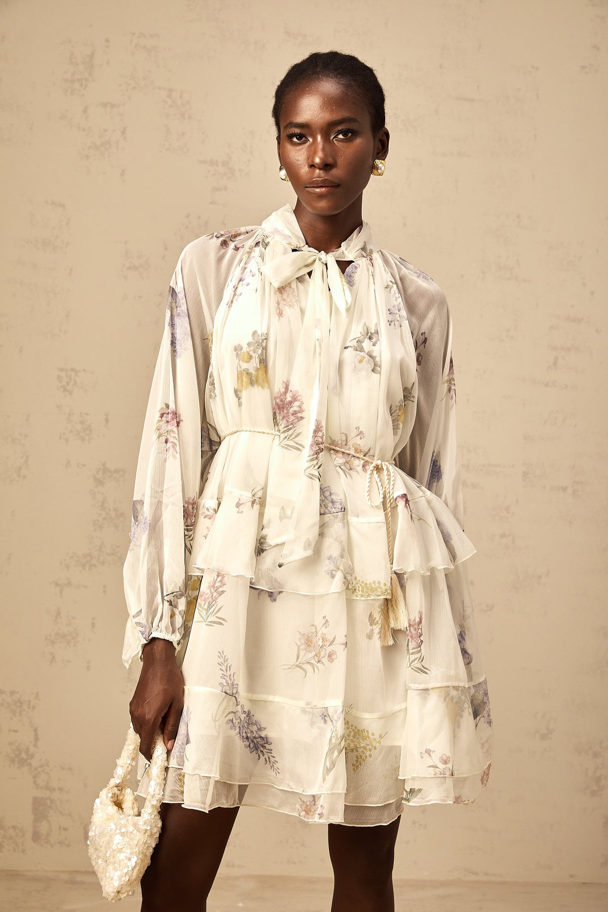 Albane white floral-print tiered chiffon mini dress