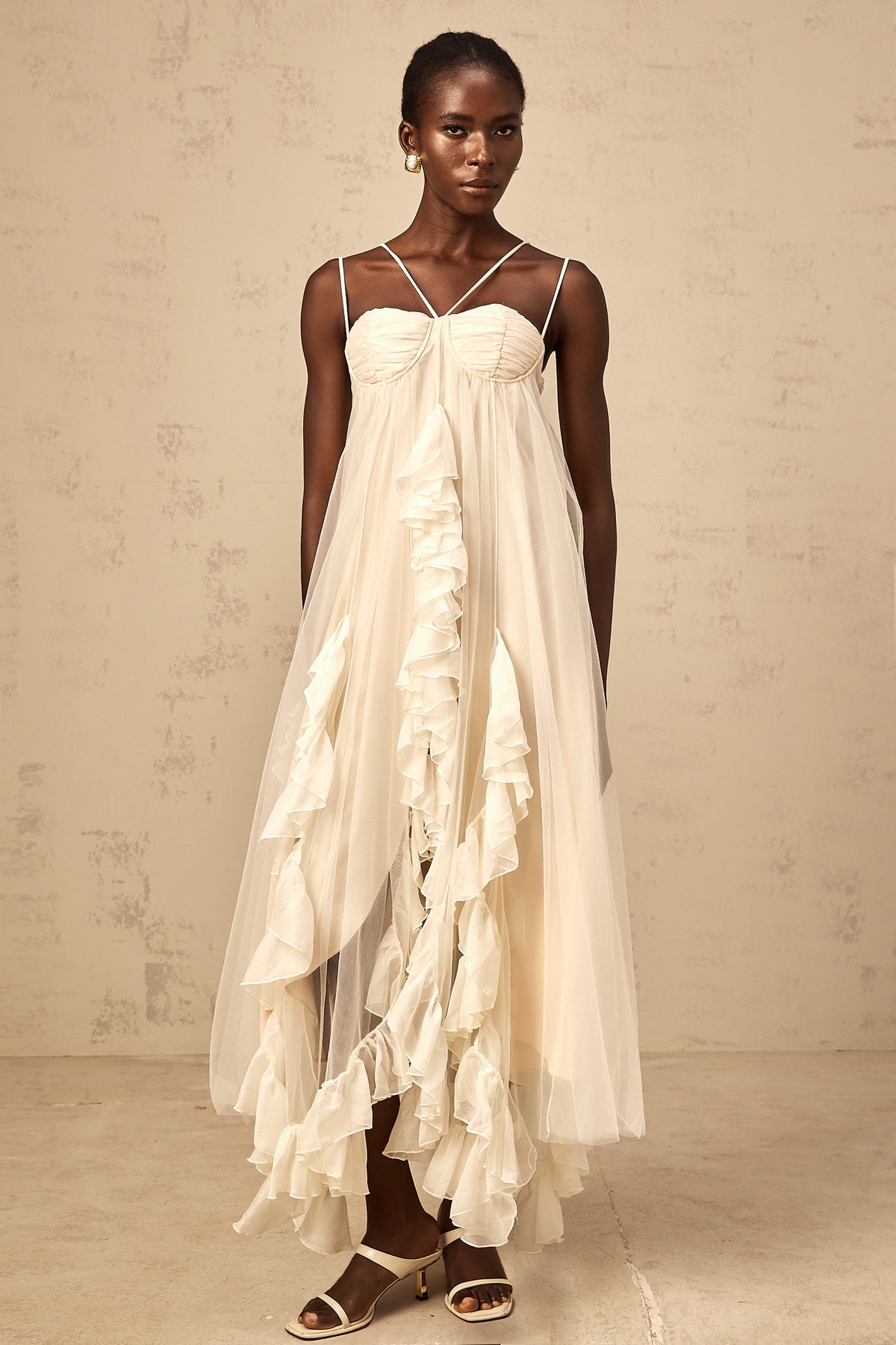 Colette layered ruffled tulle maxi dress in Neutrals