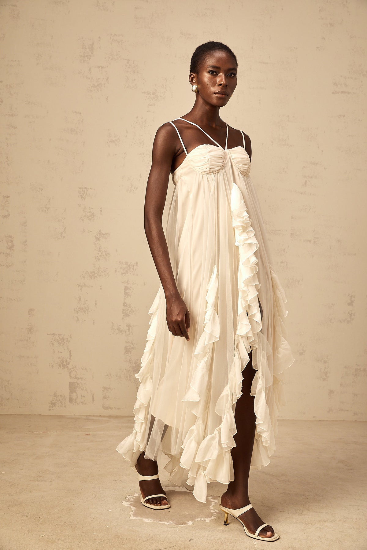 Colette layered ruffled tulle maxi dress in Neutrals