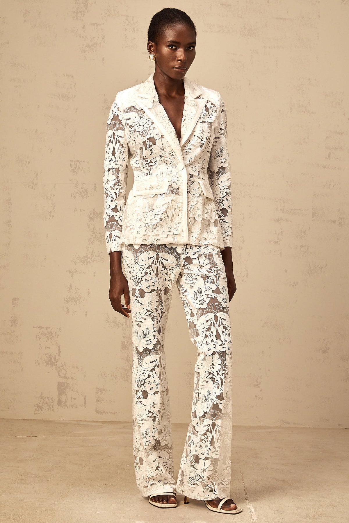 Yaelle white sequined flower-embroidered tulle blazer & trousers matching set