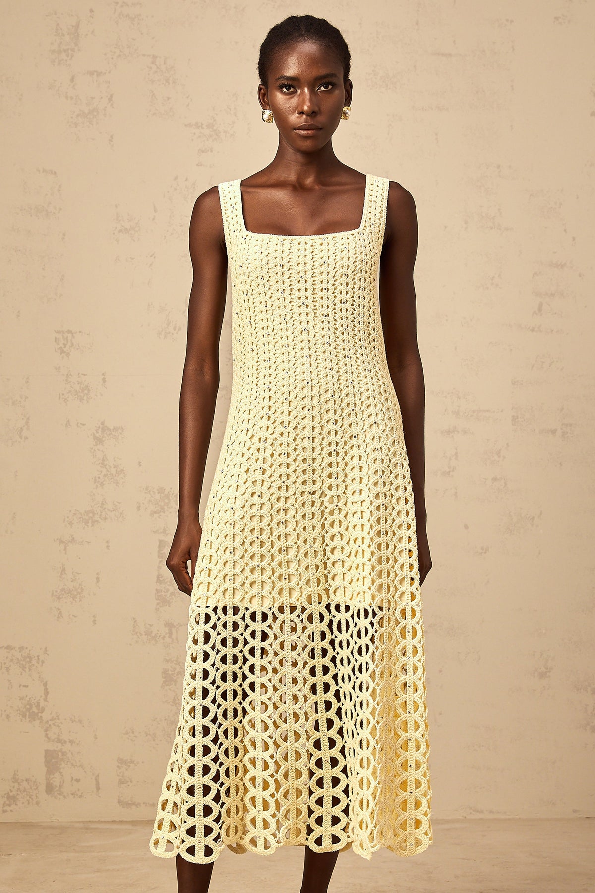 Edelie light-yellow embellished cut-out crochet-knit midi dress