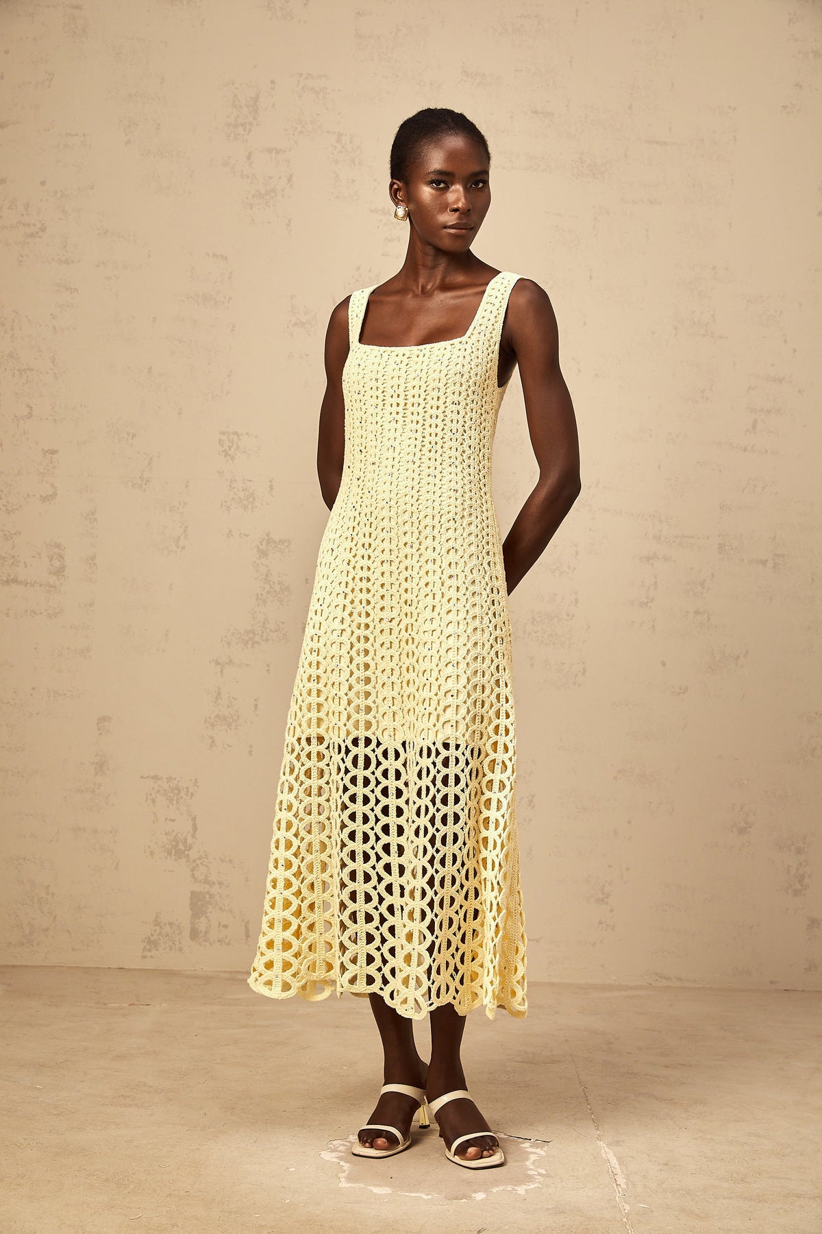 Edelie light-yellow embellished cut-out crochet-knit midi dress