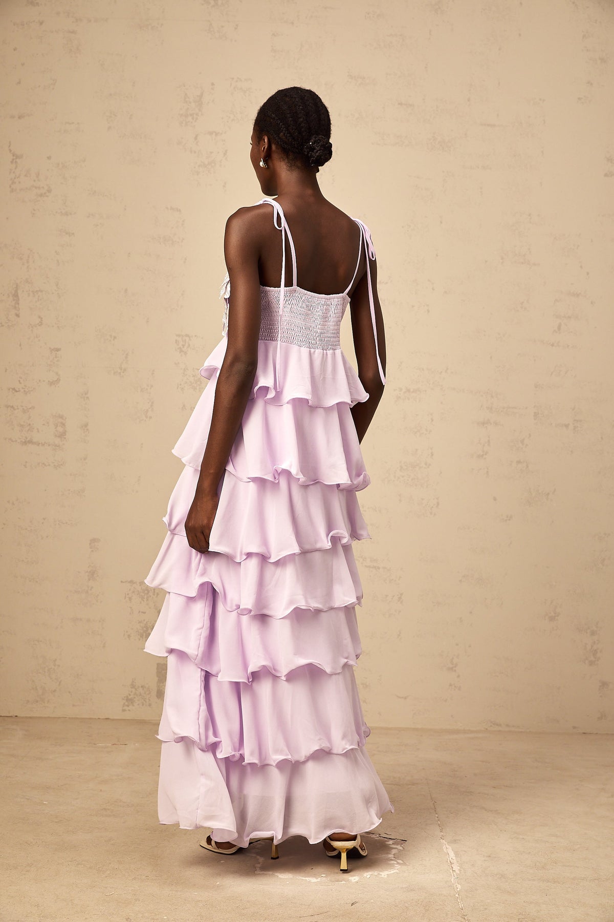 Wilhelmine purple sequined 3d-petal tiered maxi dress