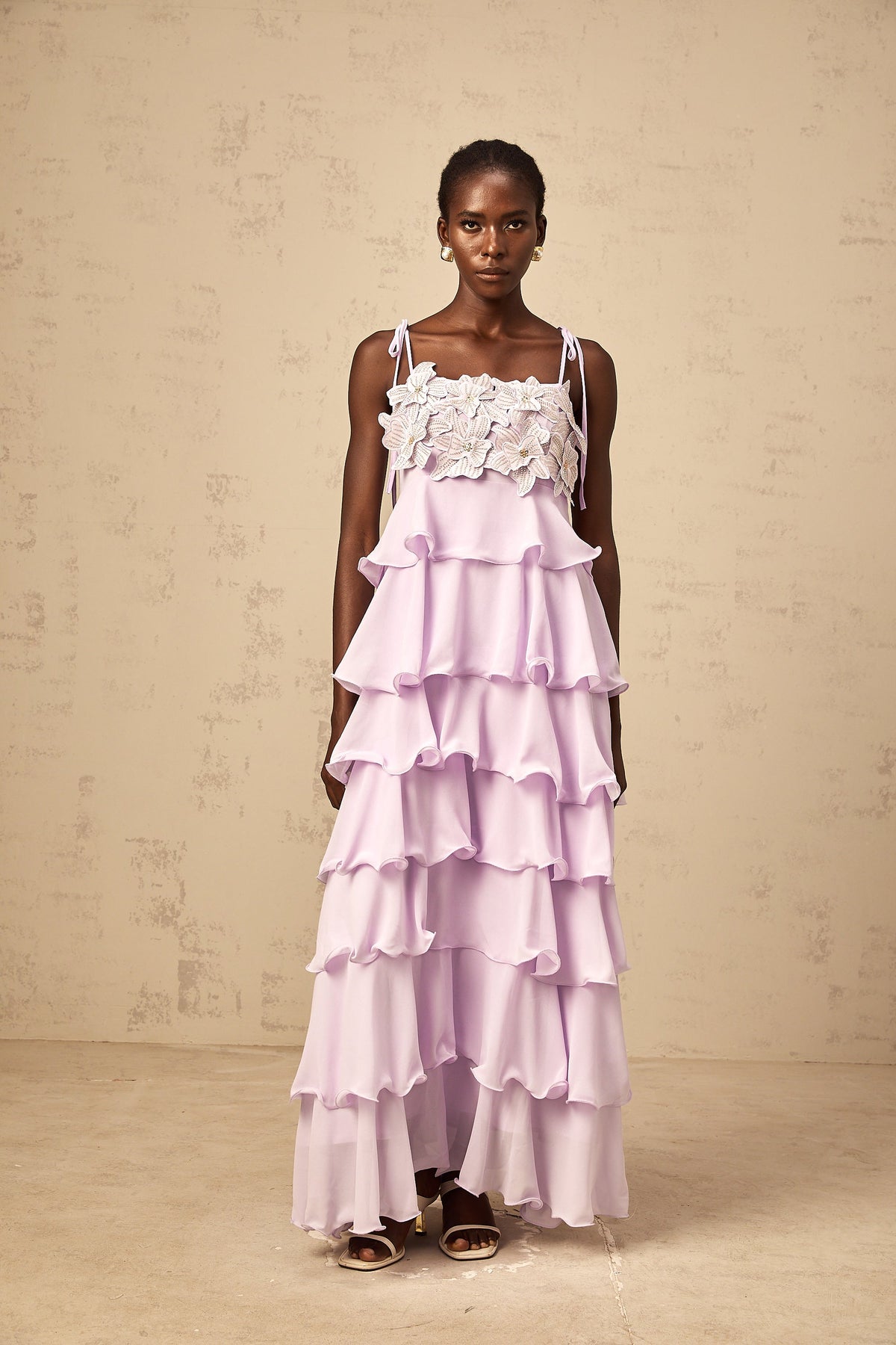 Wilhelmine purple sequined 3d-petal tiered maxi dress (Final Sale-US Only)