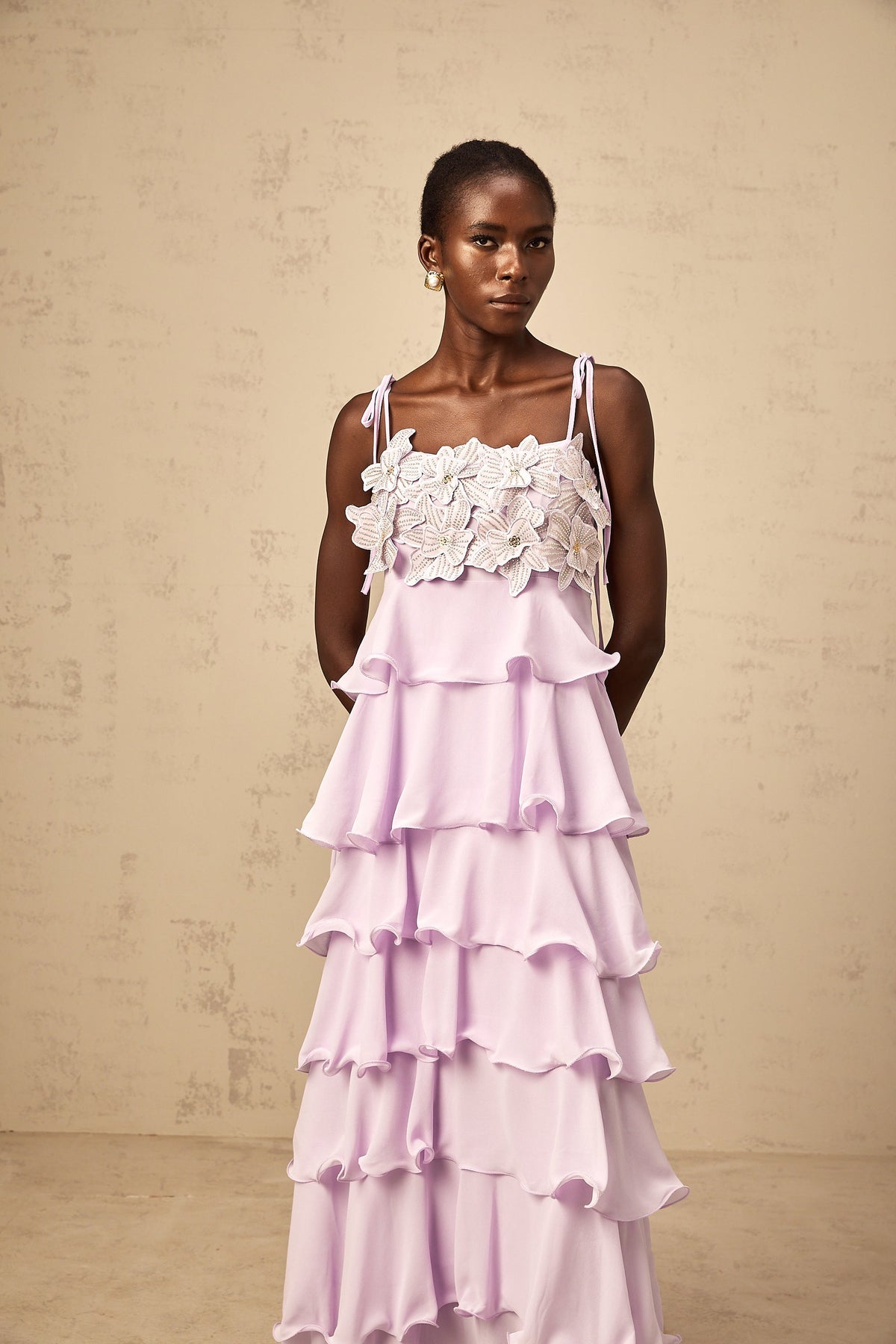 Wilhelmine purple sequined 3d-petal tiered maxi dress
