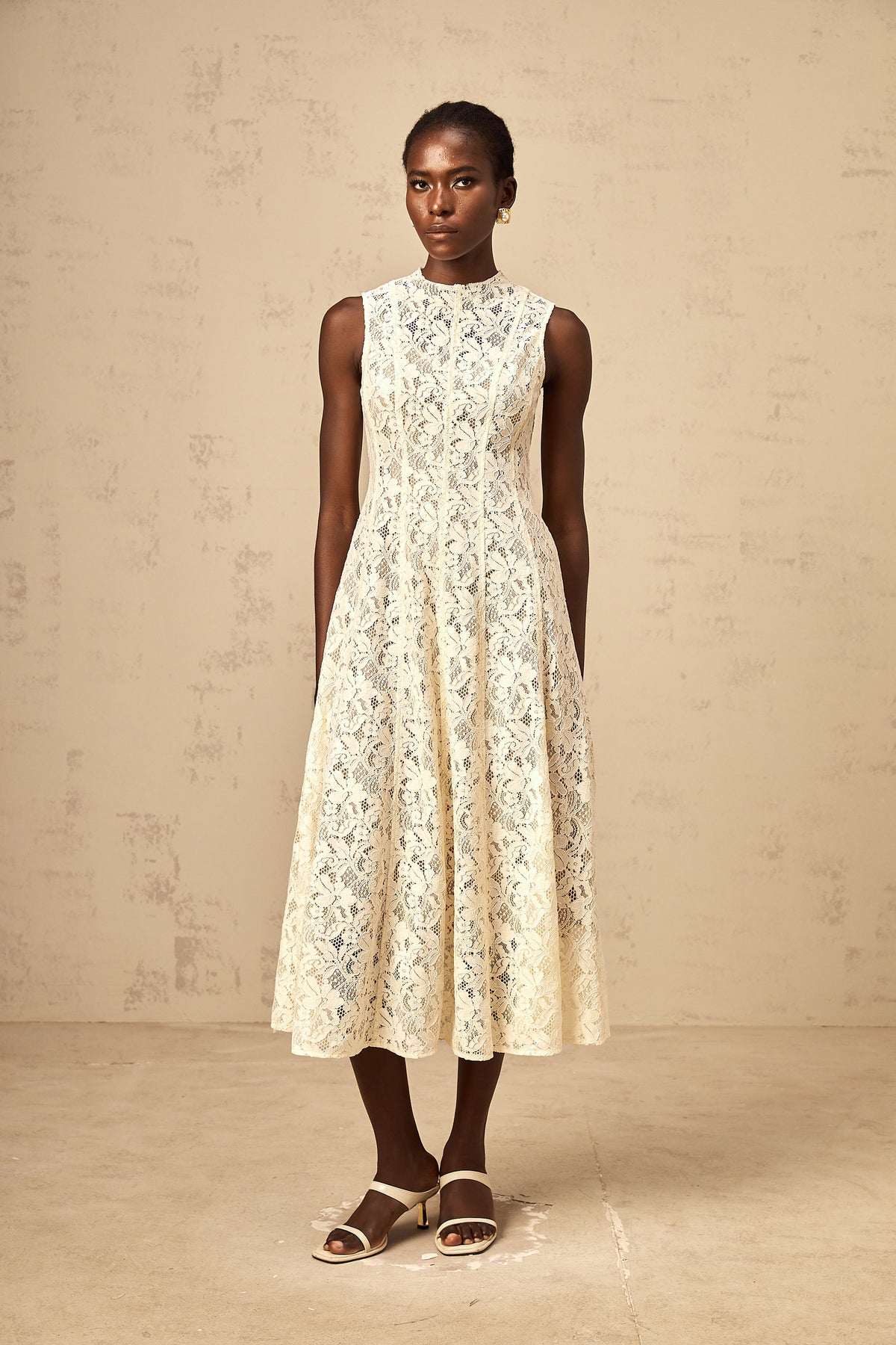 Edelie beige floral-lace flared midi dress