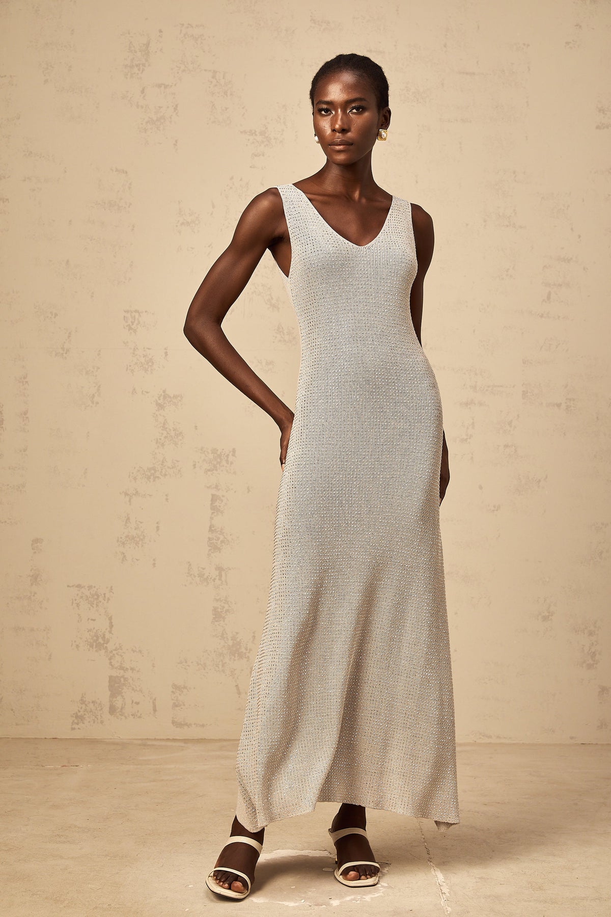 Wanda grey rhinestone knitted tank maxi dress