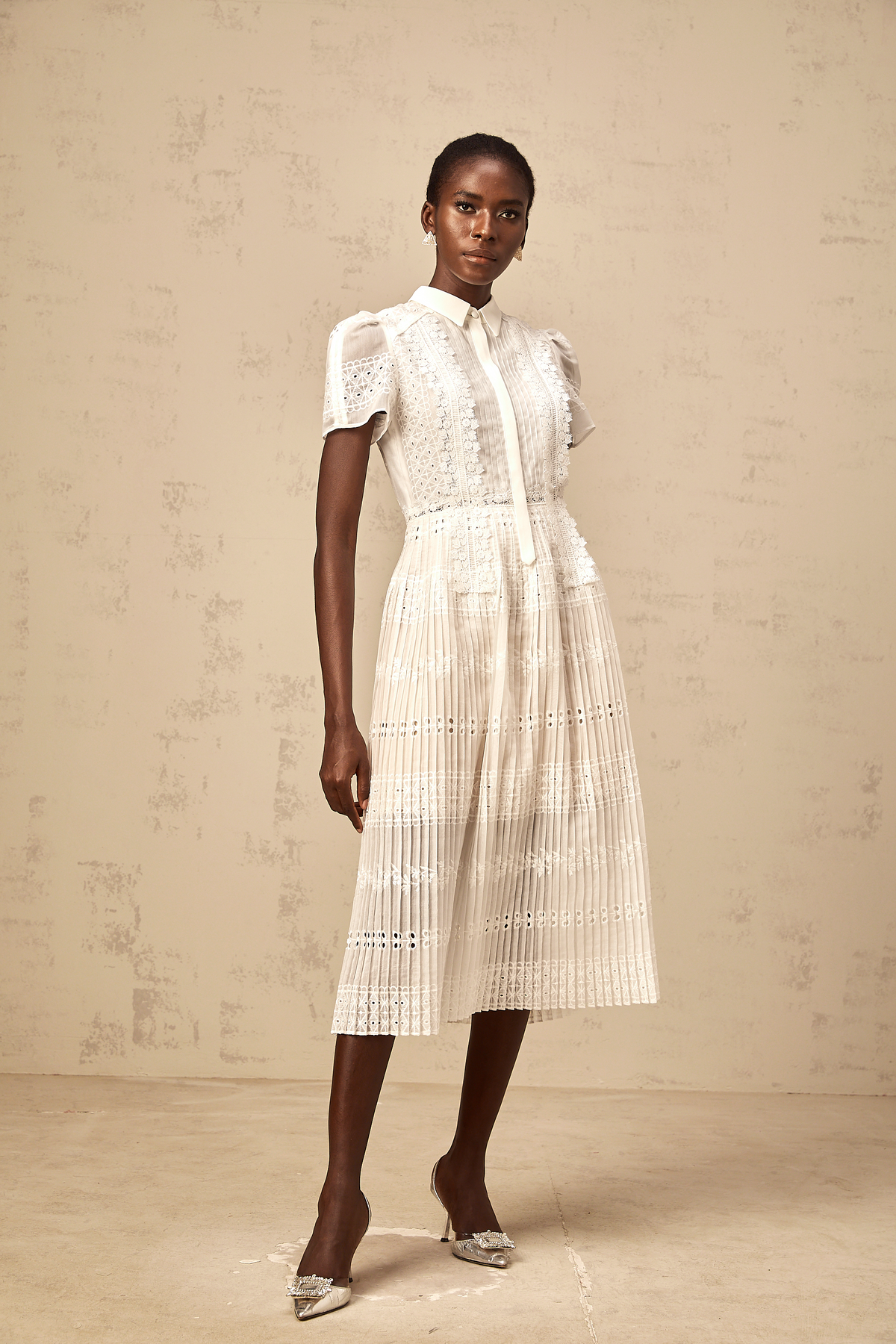 Quincie white lace-embroidered hollow midi dress