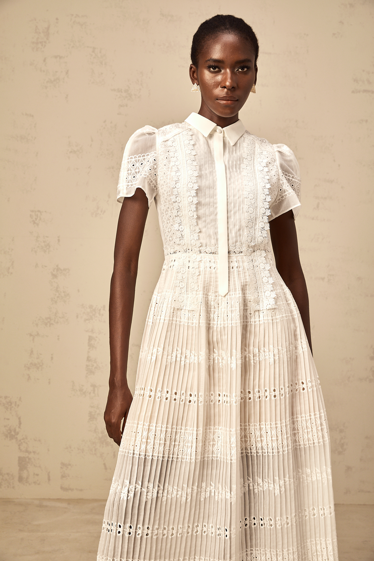 Quincie white lace-embroidered hollow midi dress