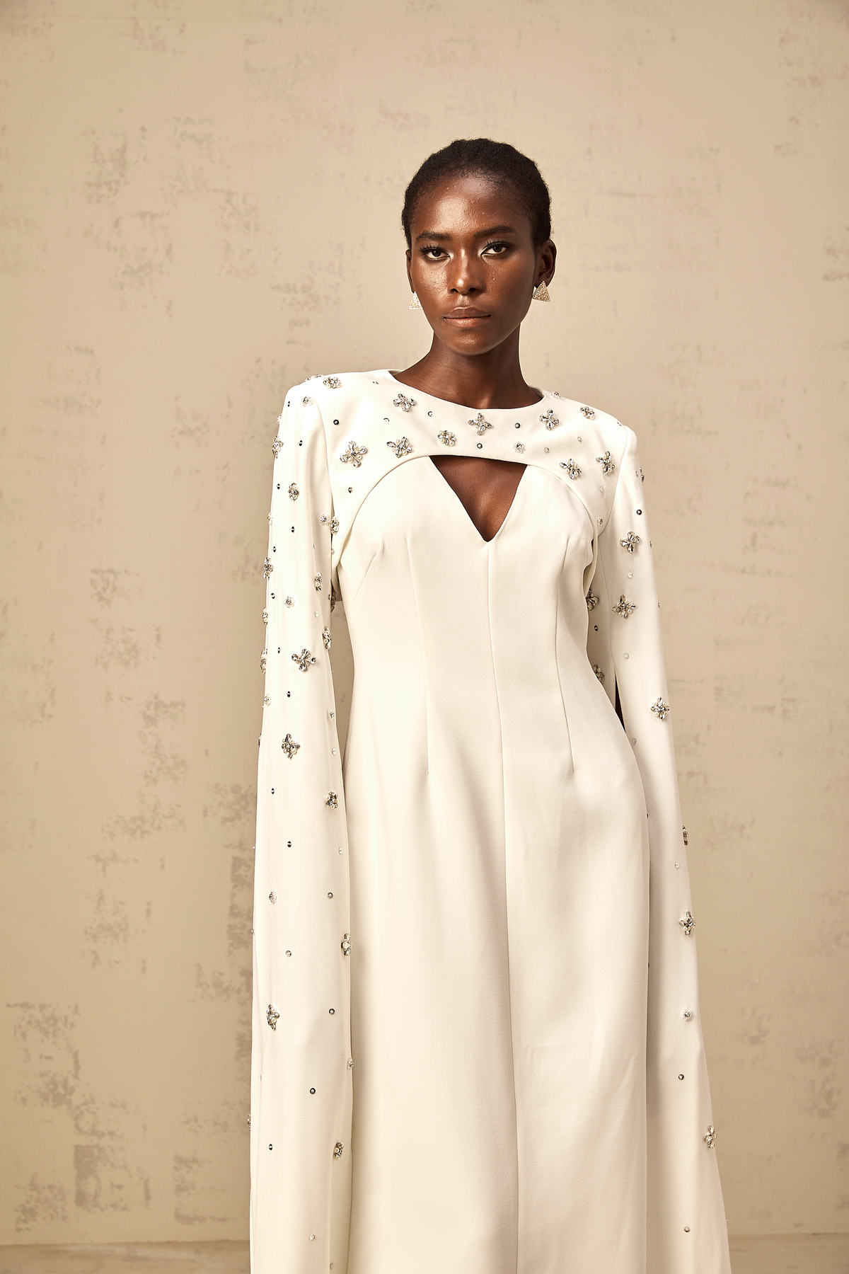 Fanny white extra-long-sleeve embellished gown