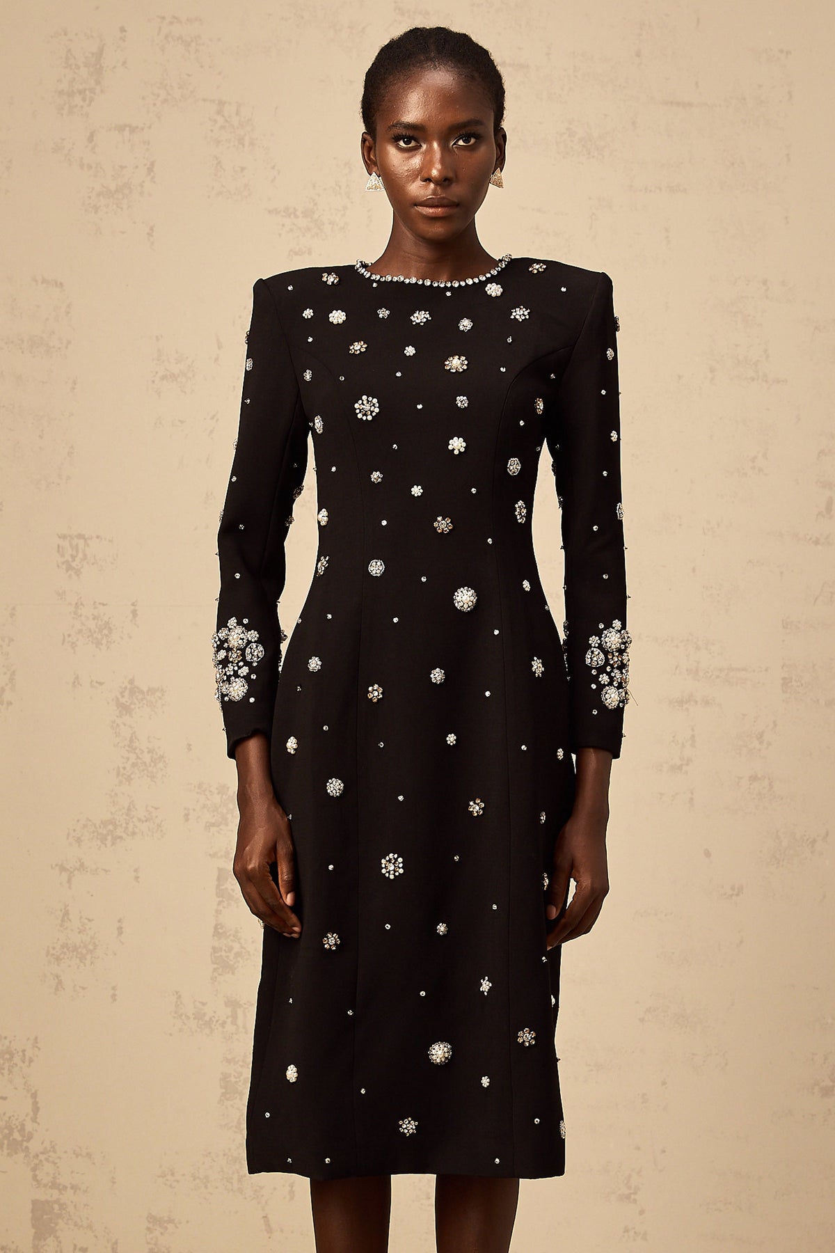 Gaëlle black dart-detail embellished midi dress