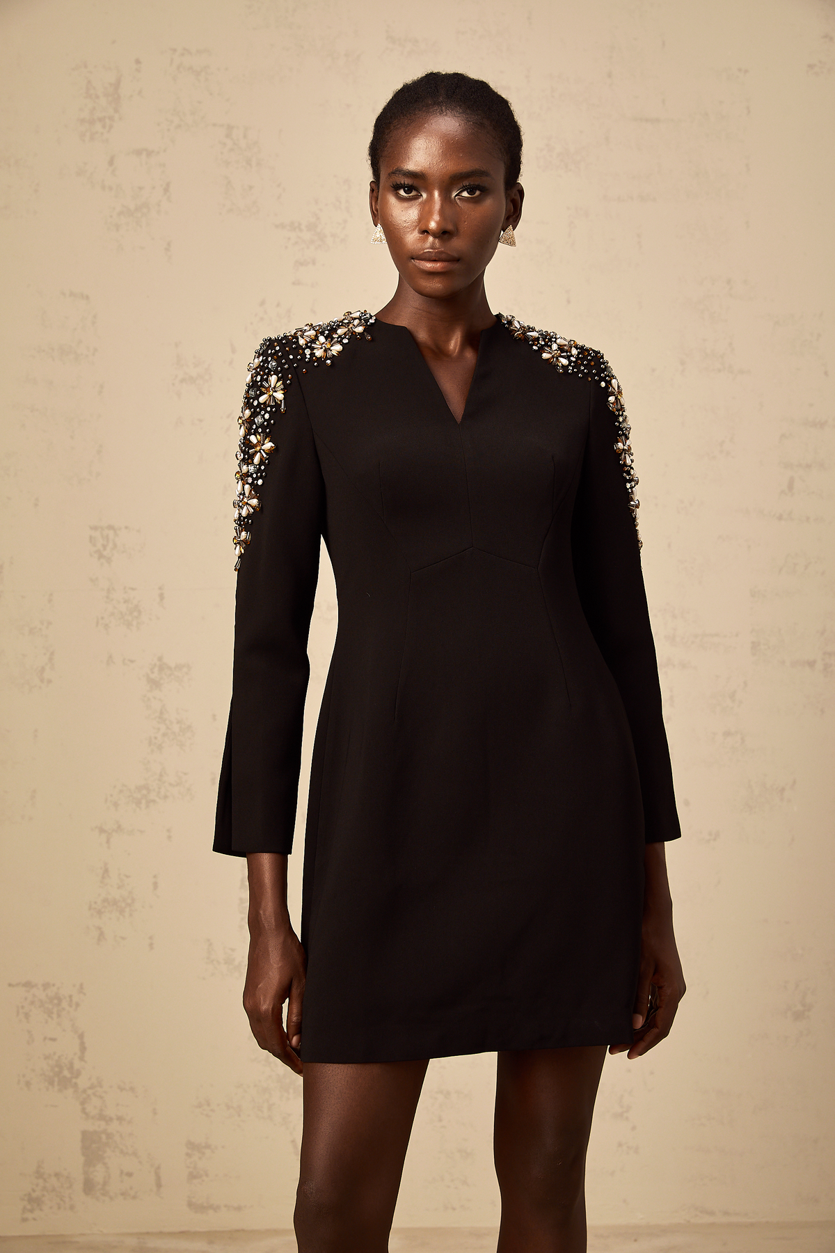 Béatrice black split-neck embellished mini dress