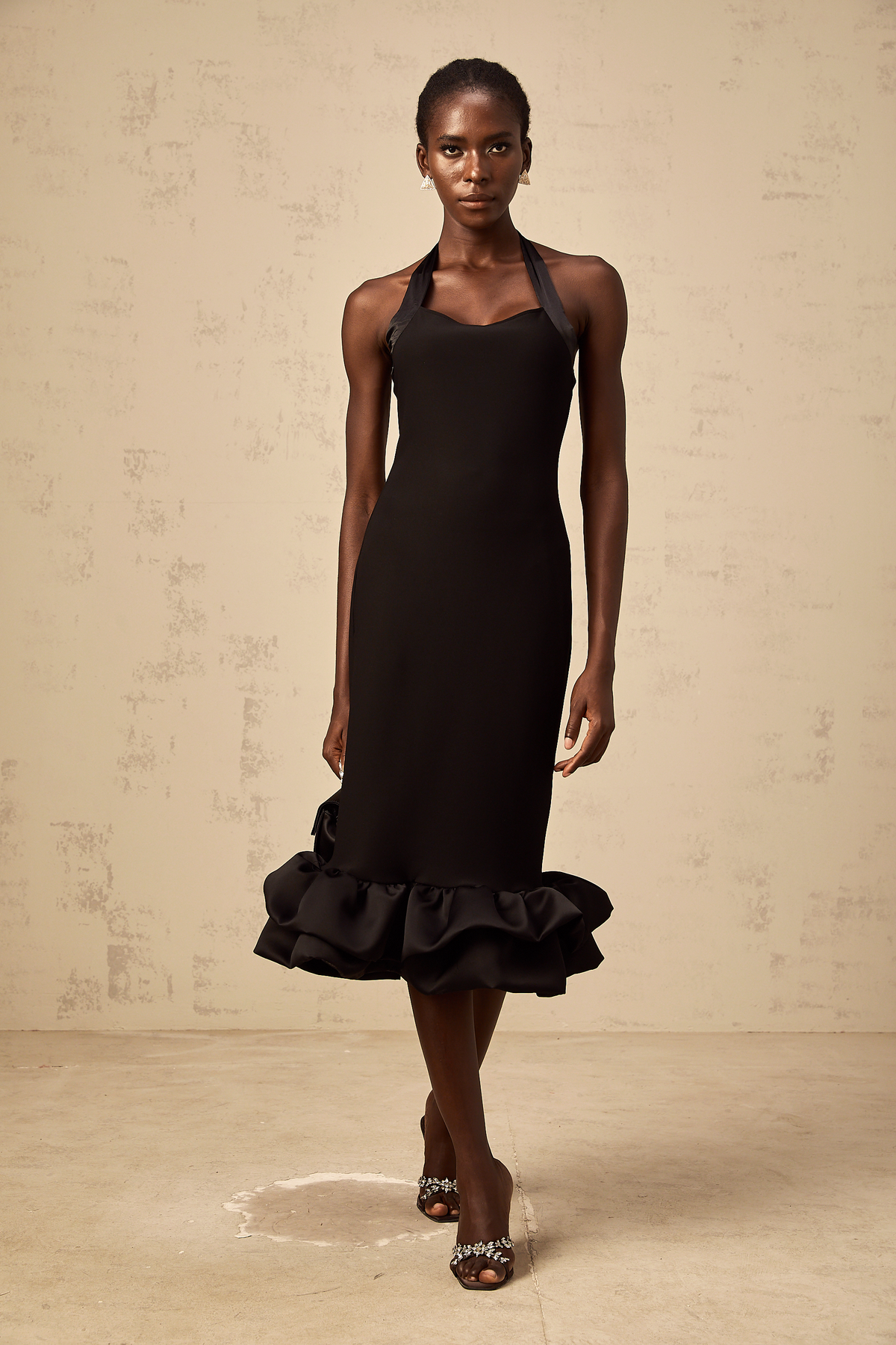 Alizée black halterneck bubble-hem midi dress