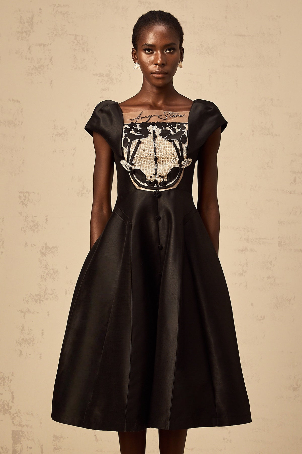 Ulrique black floral-appliqué satin midi dress
