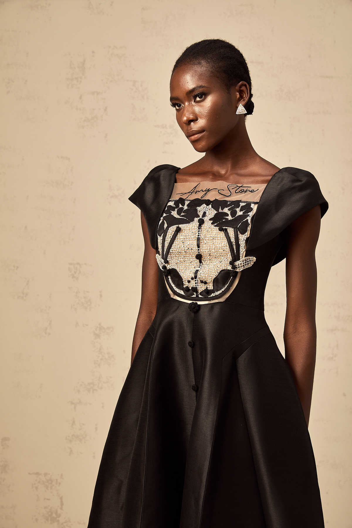 Ulrique black floral-appliqué satin midi dress
