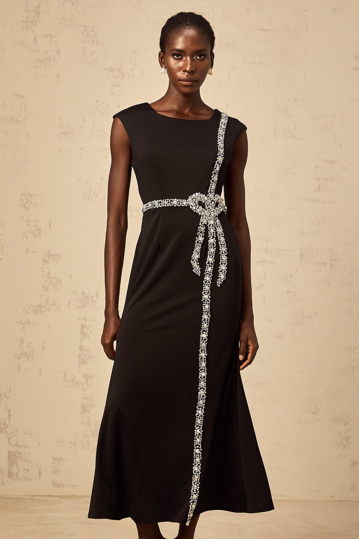Paloma black bow embellished mermaid midi dress