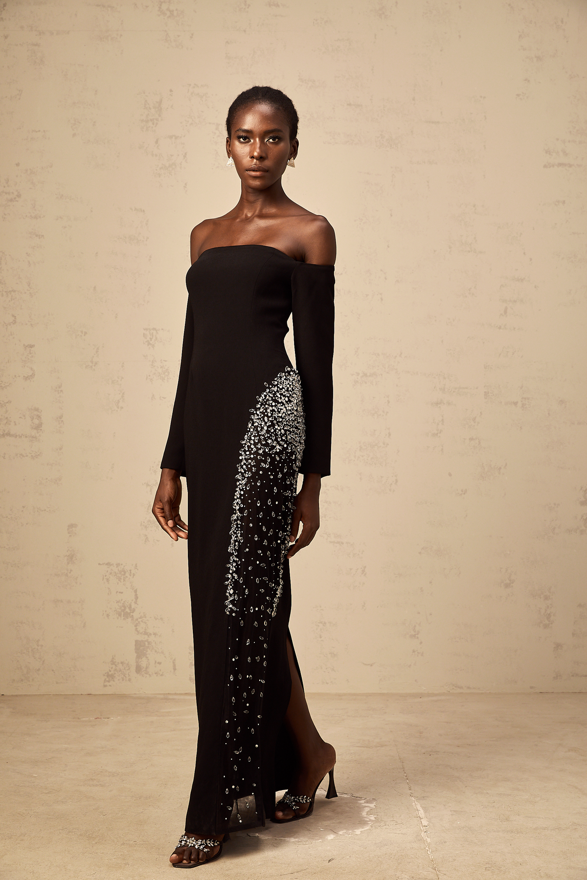 Hyacinthe black mesh-panel embellished maxi dress